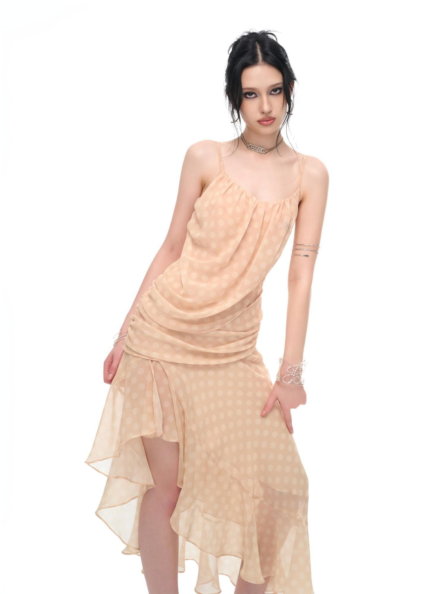JYOSEI Polka Dot Asymmetric Ruffle Women&