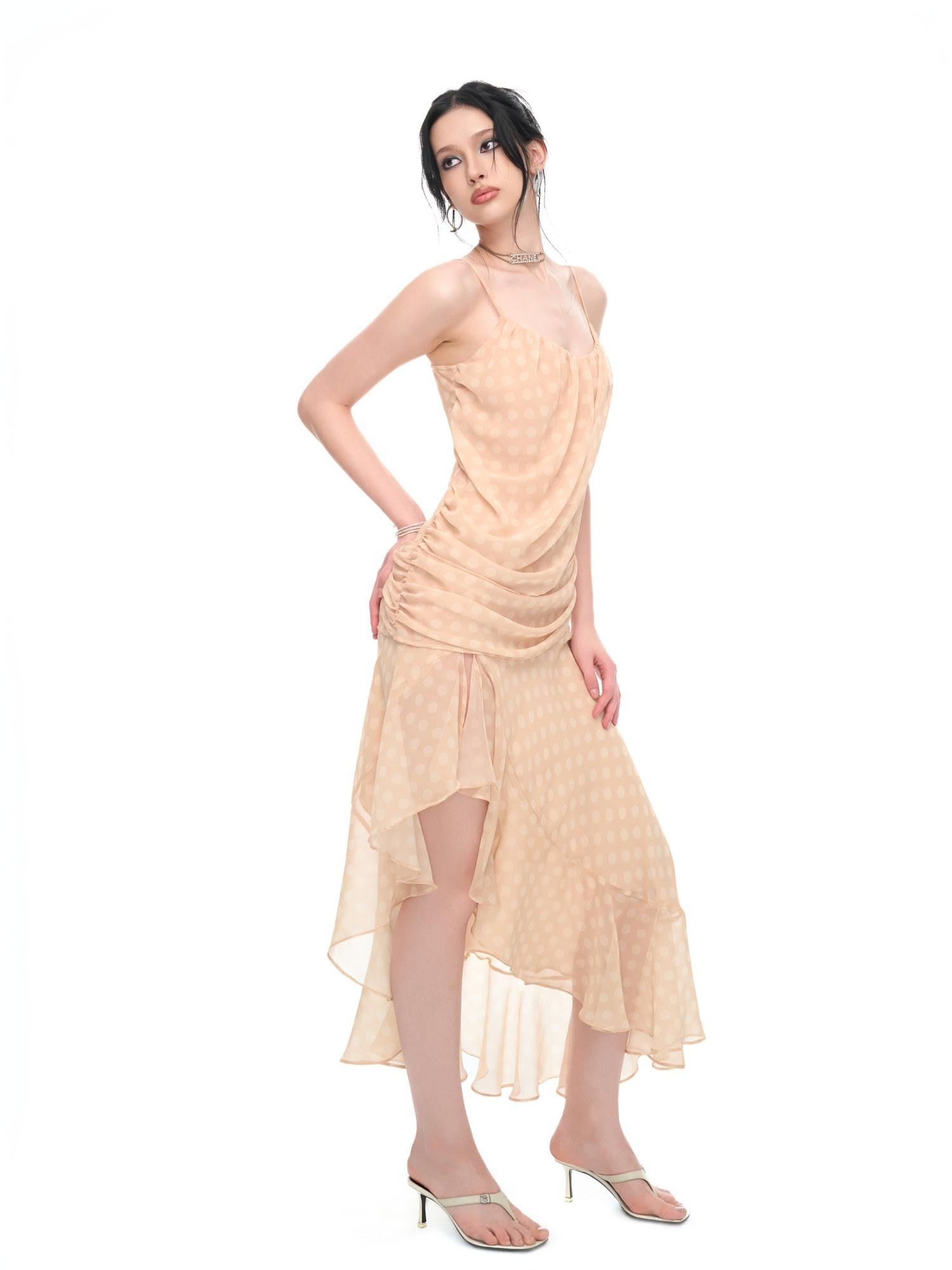 JYOSEI Polka Dot Asymmetric Ruffle Women&