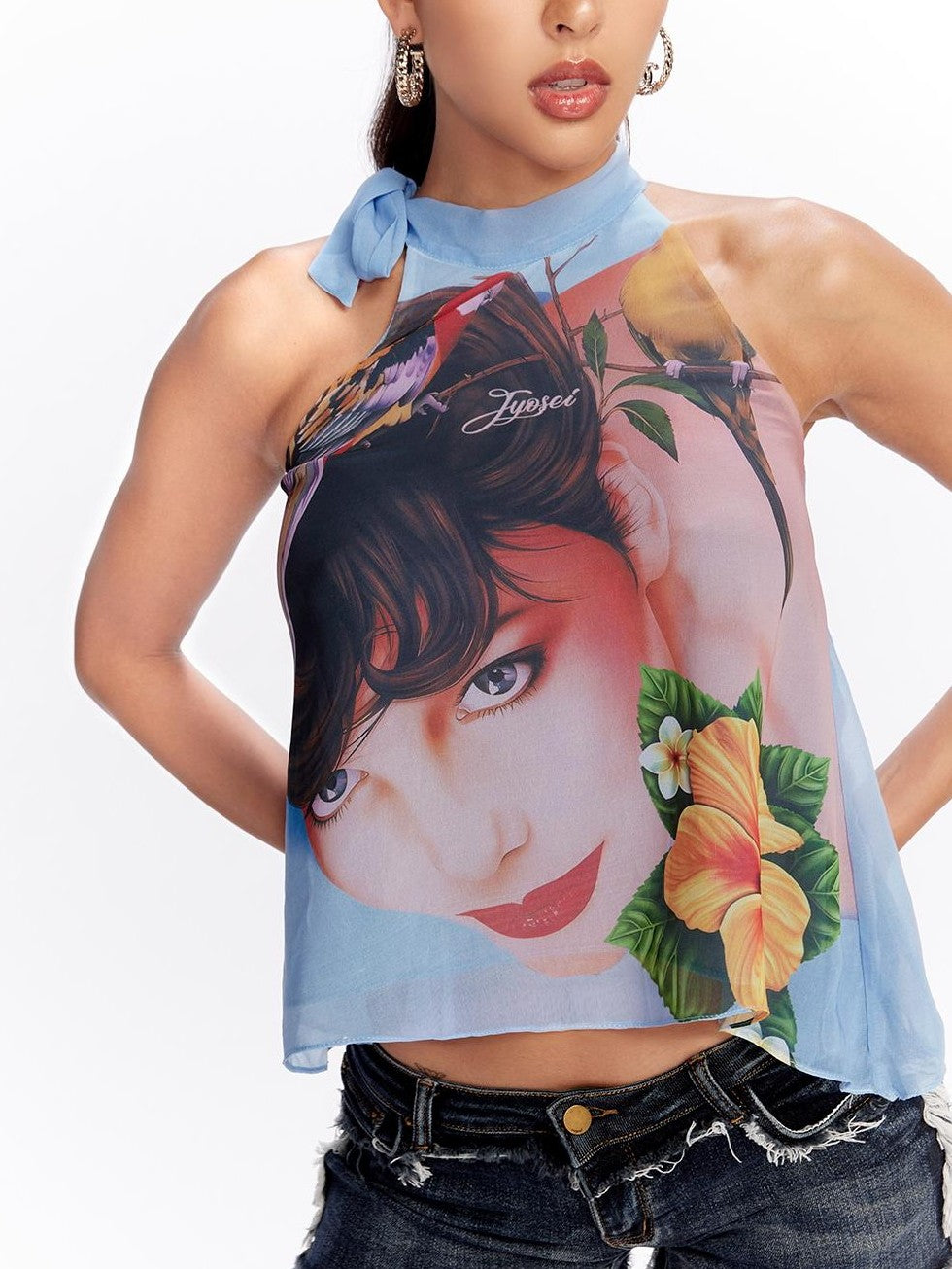 Printed Halter Neck Loose Fit Women&