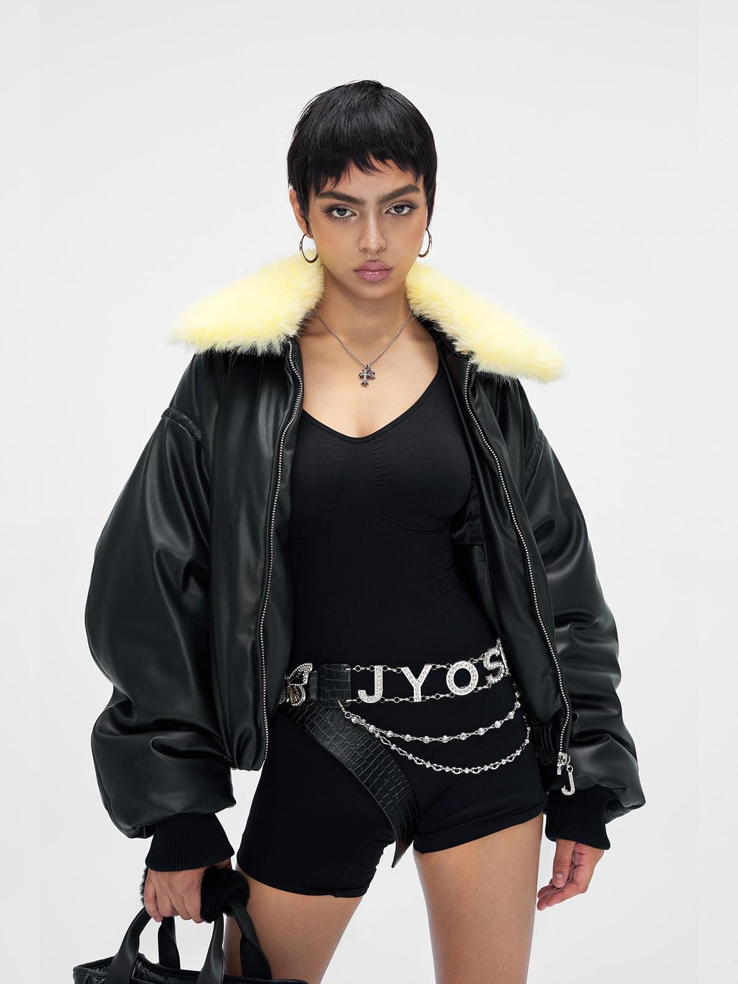 JYOSEI Pu Puffer Jacket With Detachable Goose Yellow Faux Fur Collar