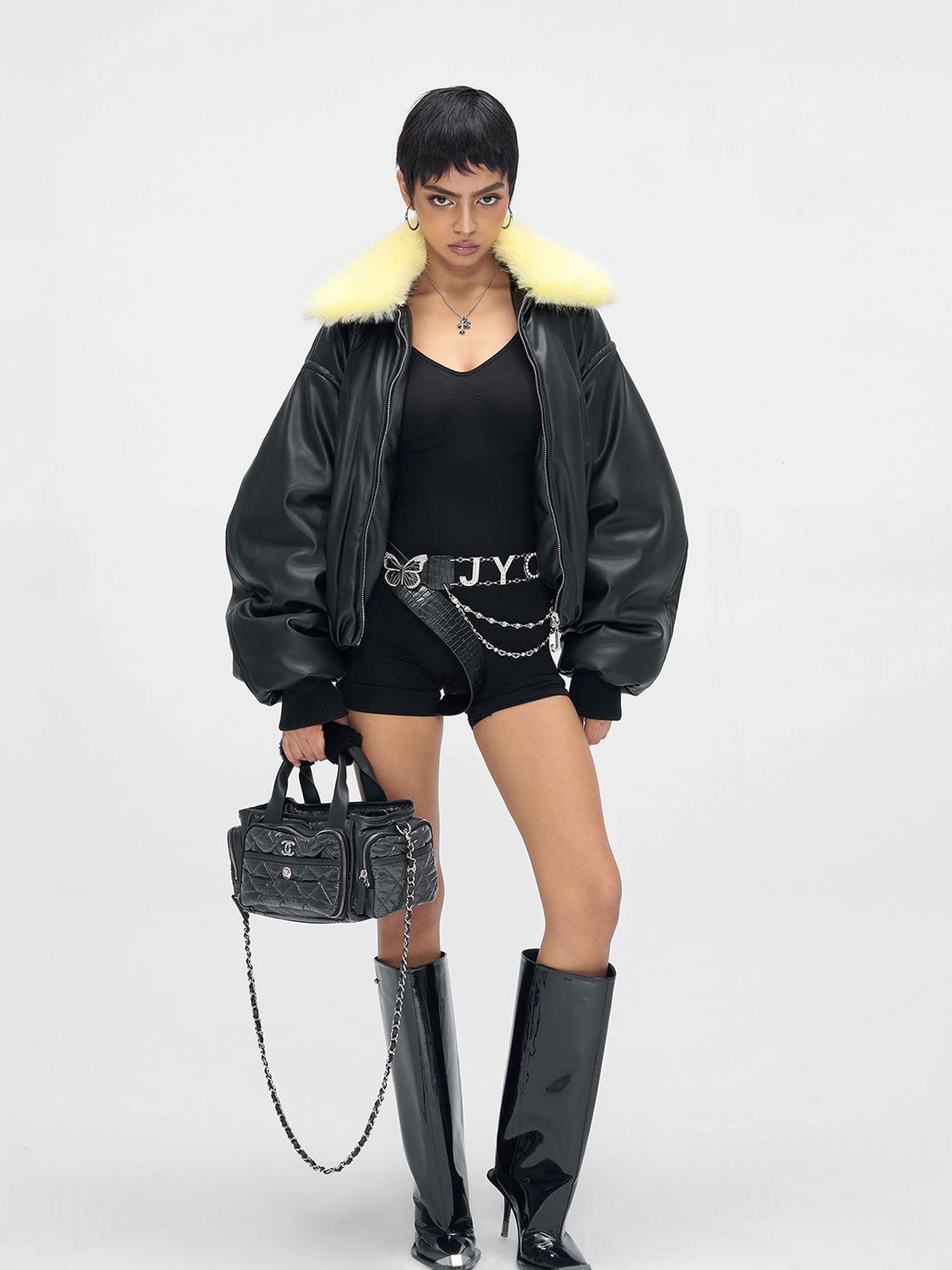 JYOSEI Pu Puffer Jacket With Detachable Goose Yellow Faux Fur Collar