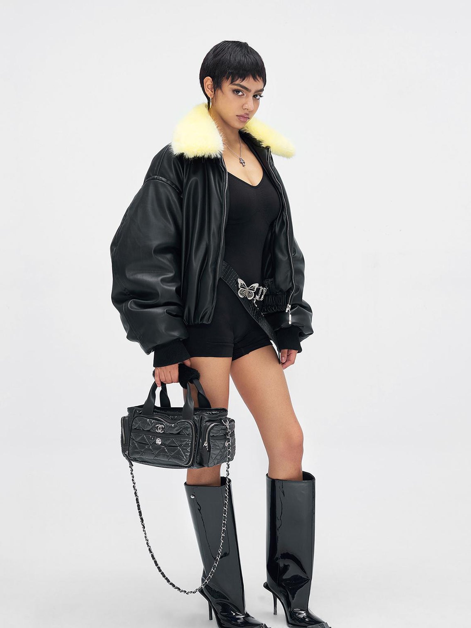 JYOSEI Pu Puffer Jacket With Detachable Goose Yellow Faux Fur Collar