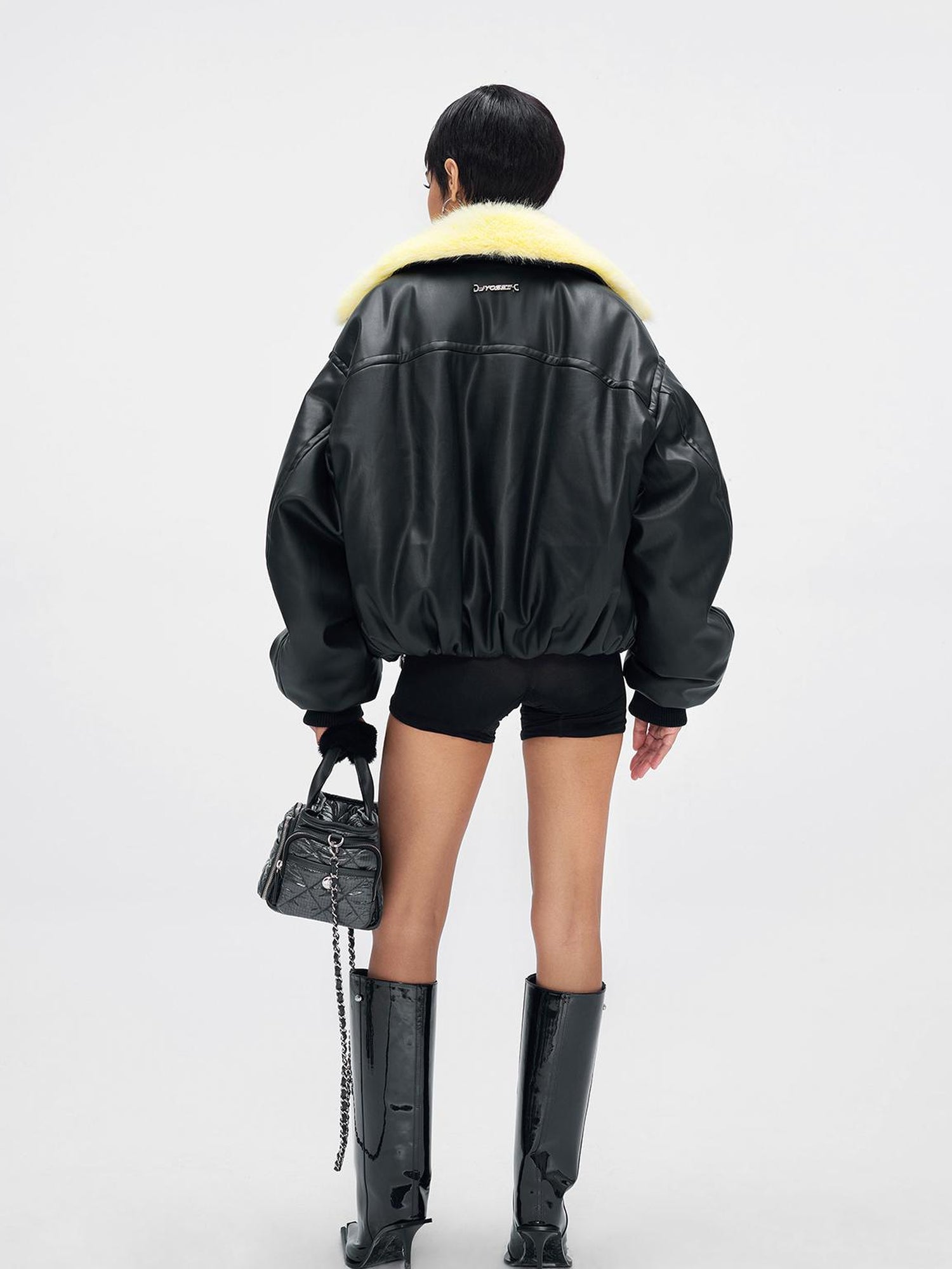 JYOSEI Pu Puffer Jacket With Detachable Goose Yellow Faux Fur Collar