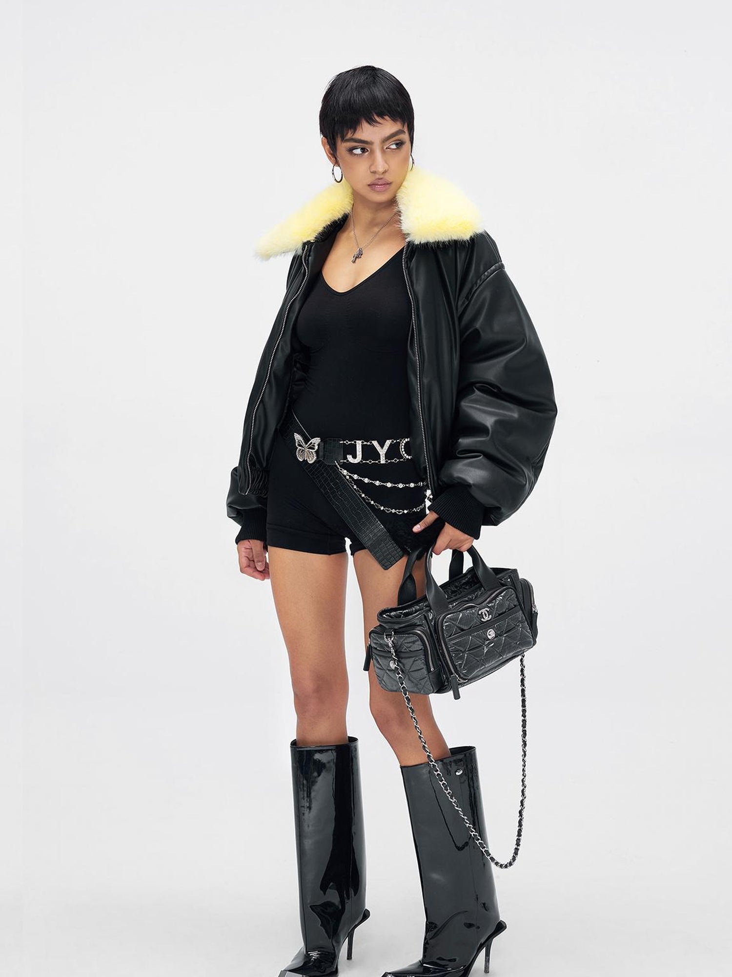 JYOSEI Pu Puffer Jacket With Detachable Goose Yellow Faux Fur Collar