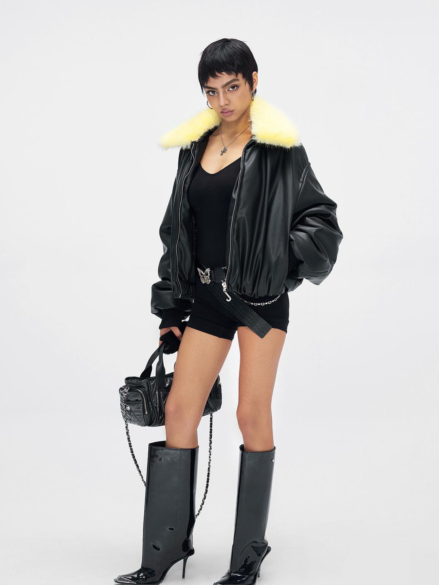 JYOSEI Pu Puffer Jacket With Detachable Goose Yellow Faux Fur Collar