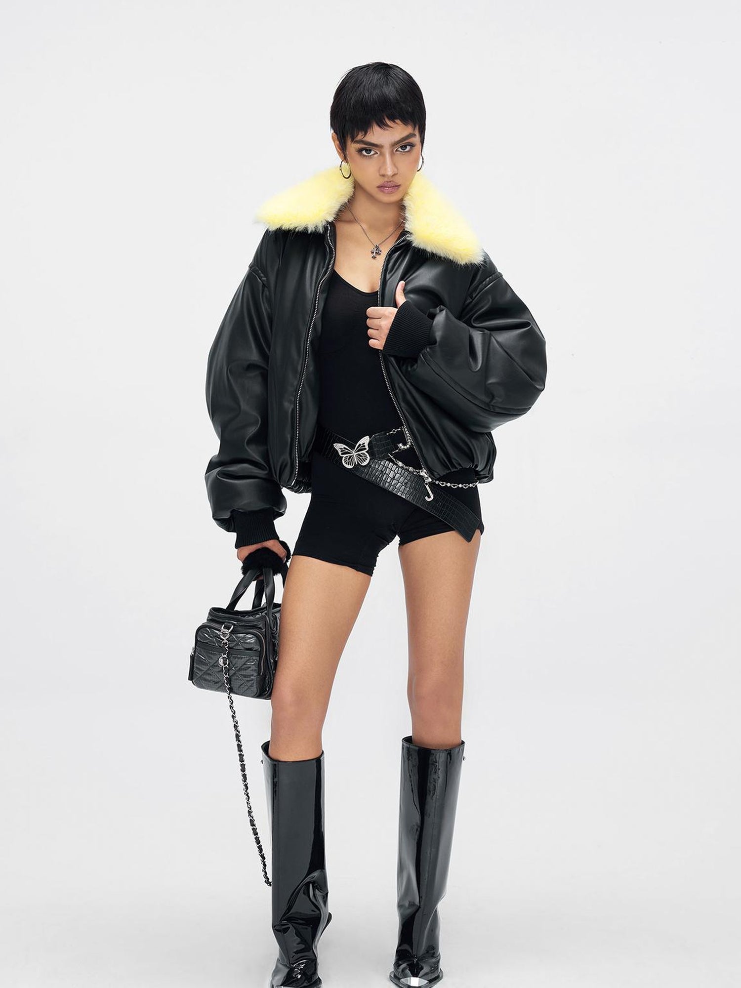 JYOSEI Pu Puffer Jacket With Detachable Goose Yellow Faux Fur Collar