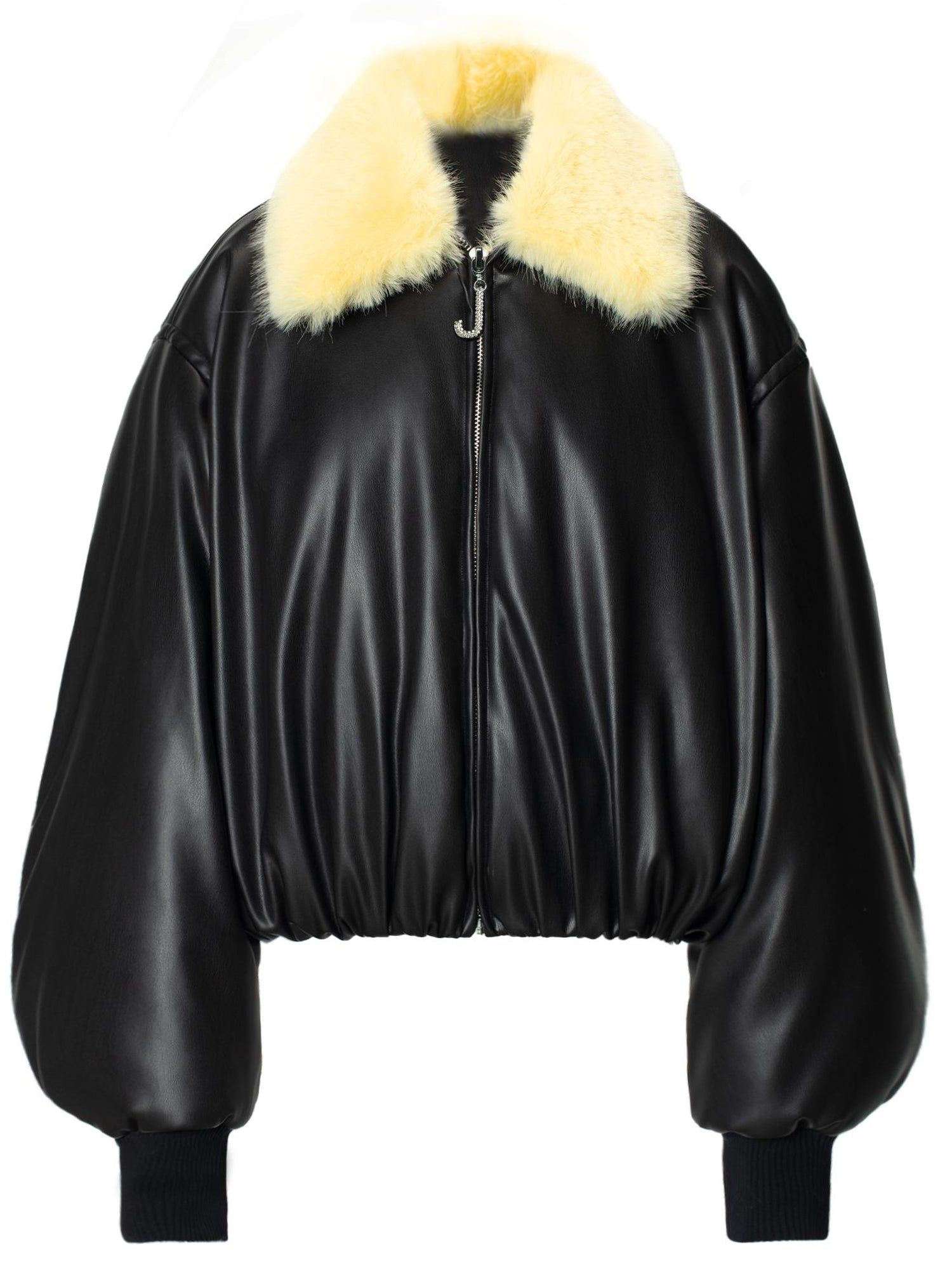 JYOSEI Pu Puffer Jacket With Detachable Goose Yellow Faux Fur Collar