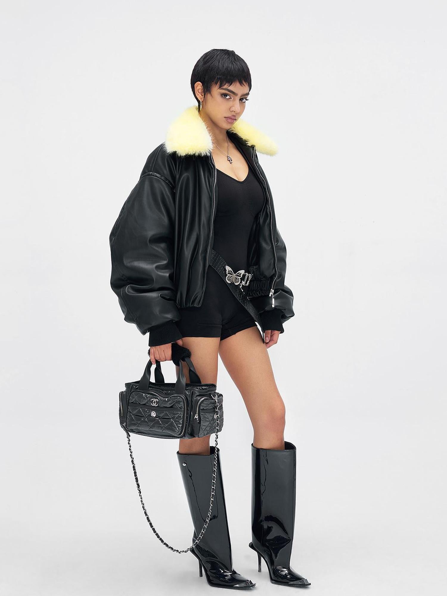 JYOSEI Pu Puffer Jacket With Detachable Goose Yellow Faux Fur Collar
