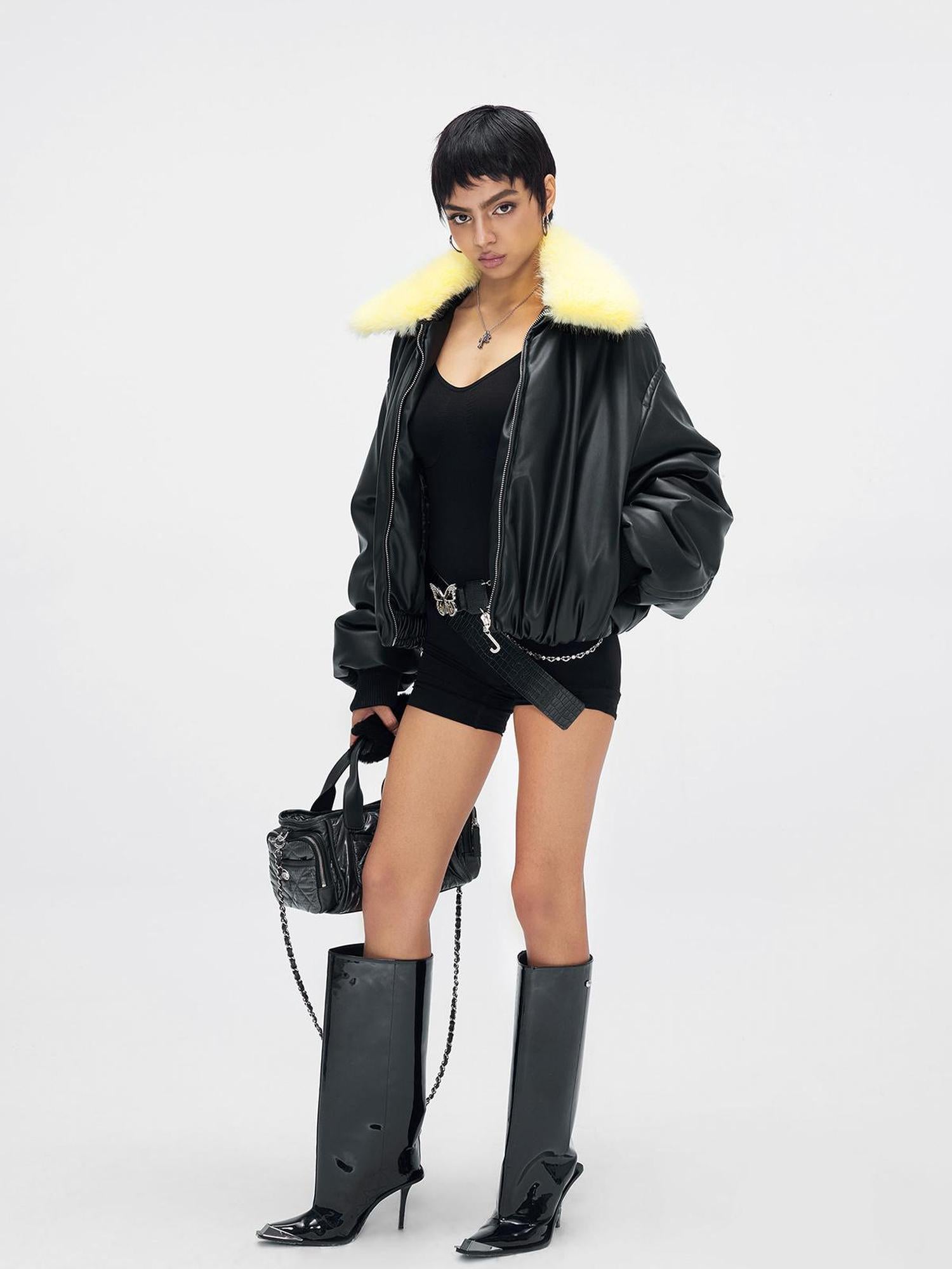 JYOSEI Pu Puffer Jacket With Detachable Goose Yellow Faux Fur Collar