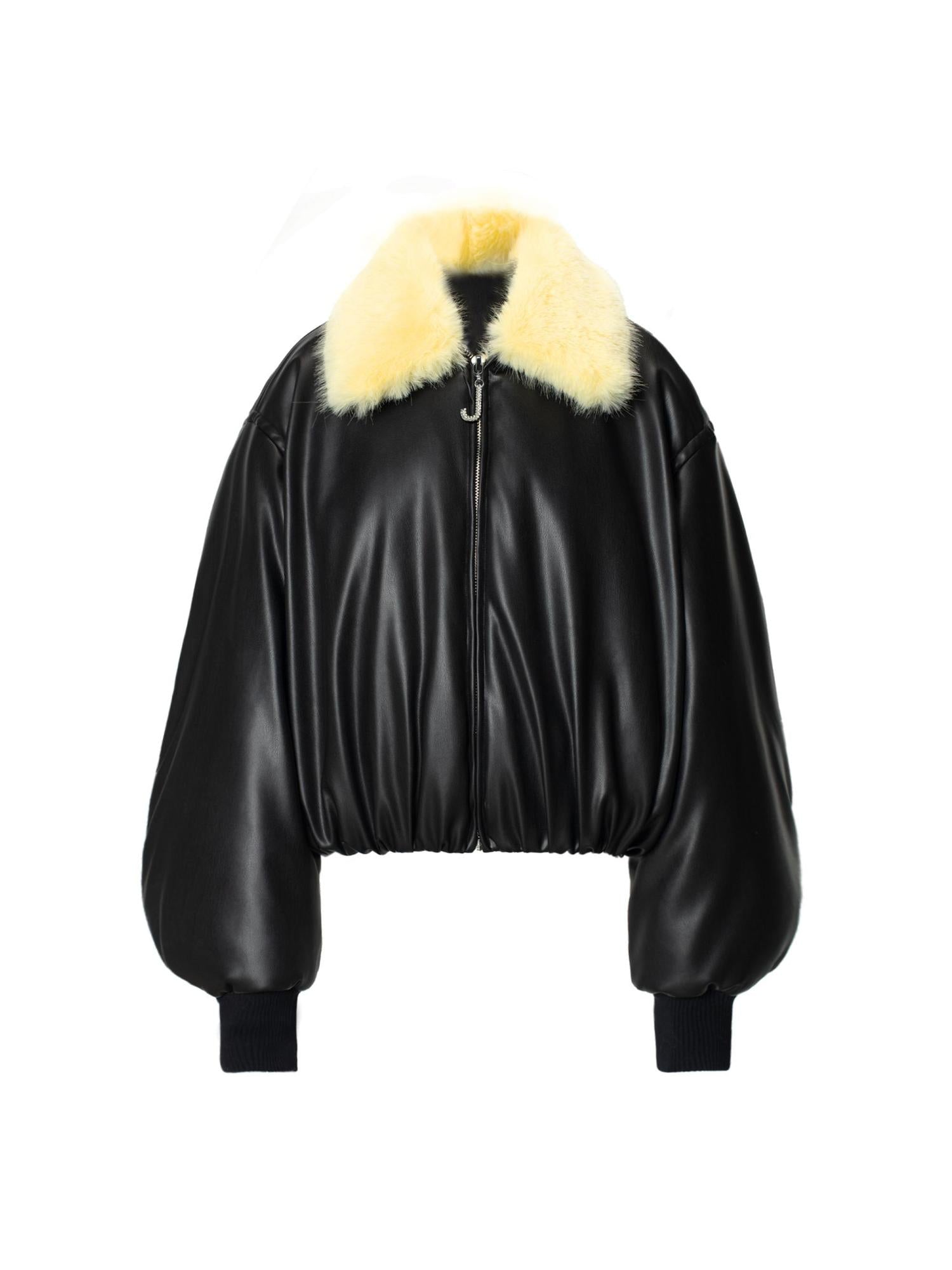 JYOSEI Pu Puffer Jacket With Detachable Goose Yellow Faux Fur Collar
