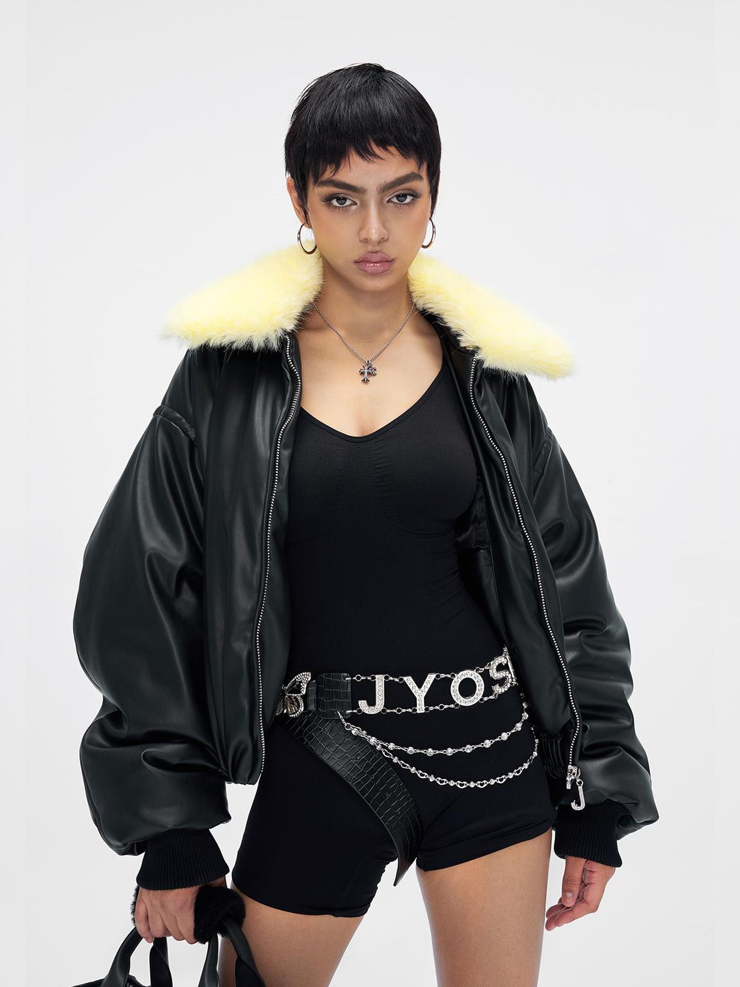 JYOSEI Pu Puffer Jacket With Detachable Goose Yellow Faux Fur Collar