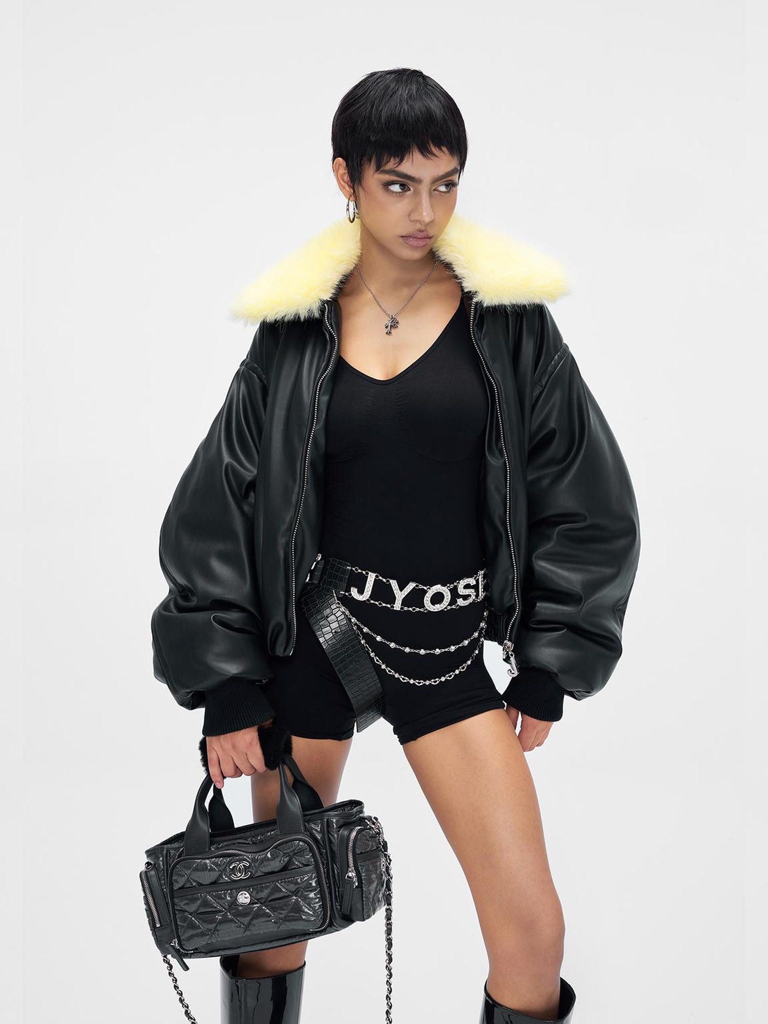 JYOSEI Pu Puffer Jacket With Detachable Goose Yellow Faux Fur Collar