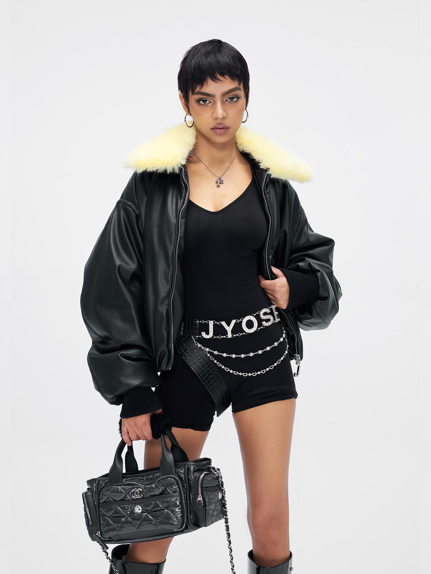 JYOSEI Pu Puffer Jacket With Detachable Goose Yellow Faux Fur Collar