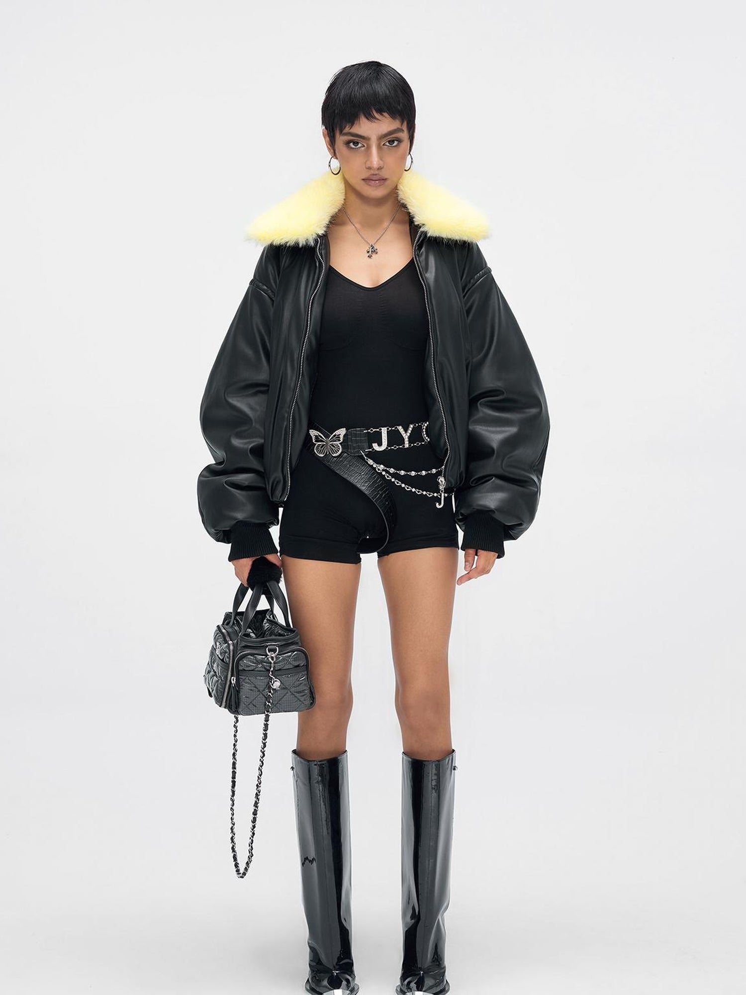 JYOSEI Pu Puffer Jacket With Detachable Goose Yellow Faux Fur Collar