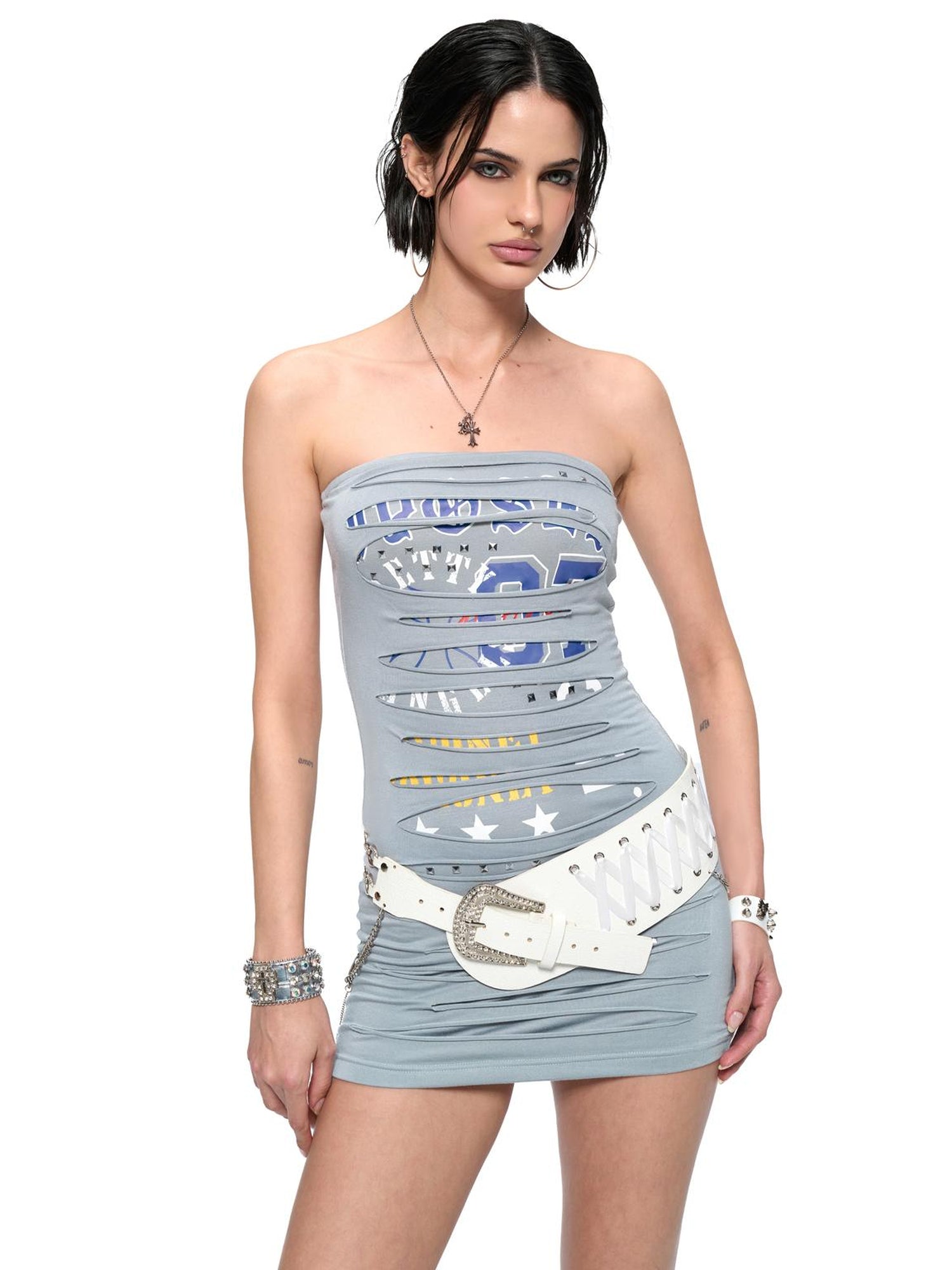 JYOSEI Punk Laser Cut Denim Blue Bodycon Mini Dress