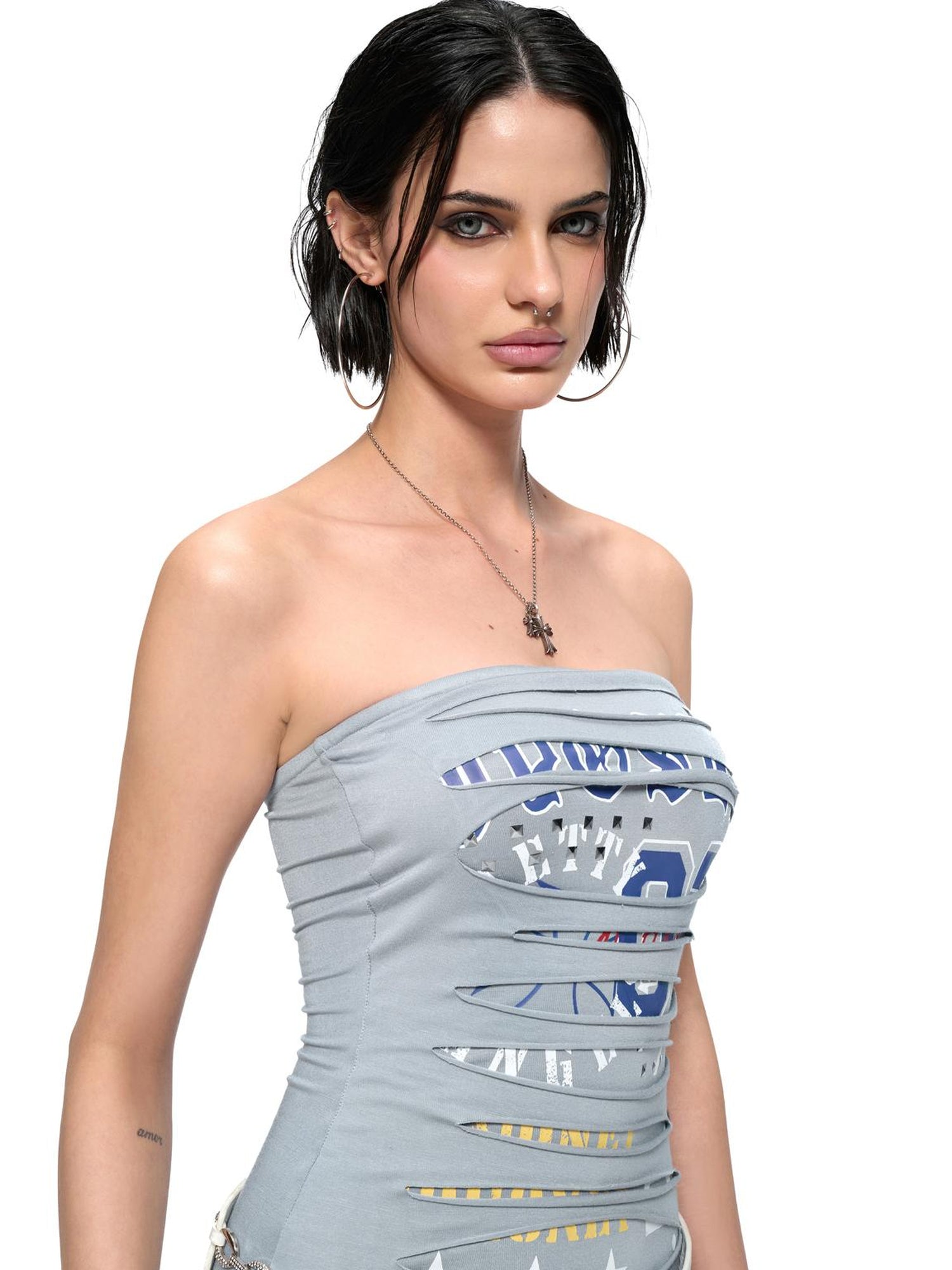 JYOSEI Punk Laser Cut Denim Blue Bodycon Mini Dress
