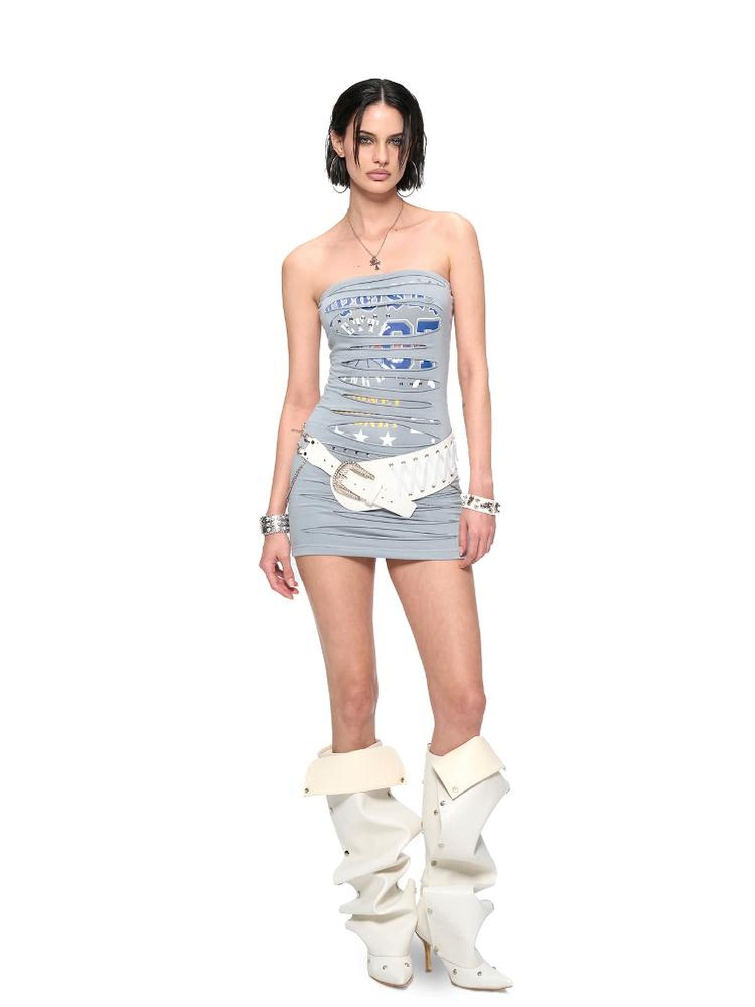 JYOSEI Punk Laser Cut Denim Blue Bodycon Mini Dress