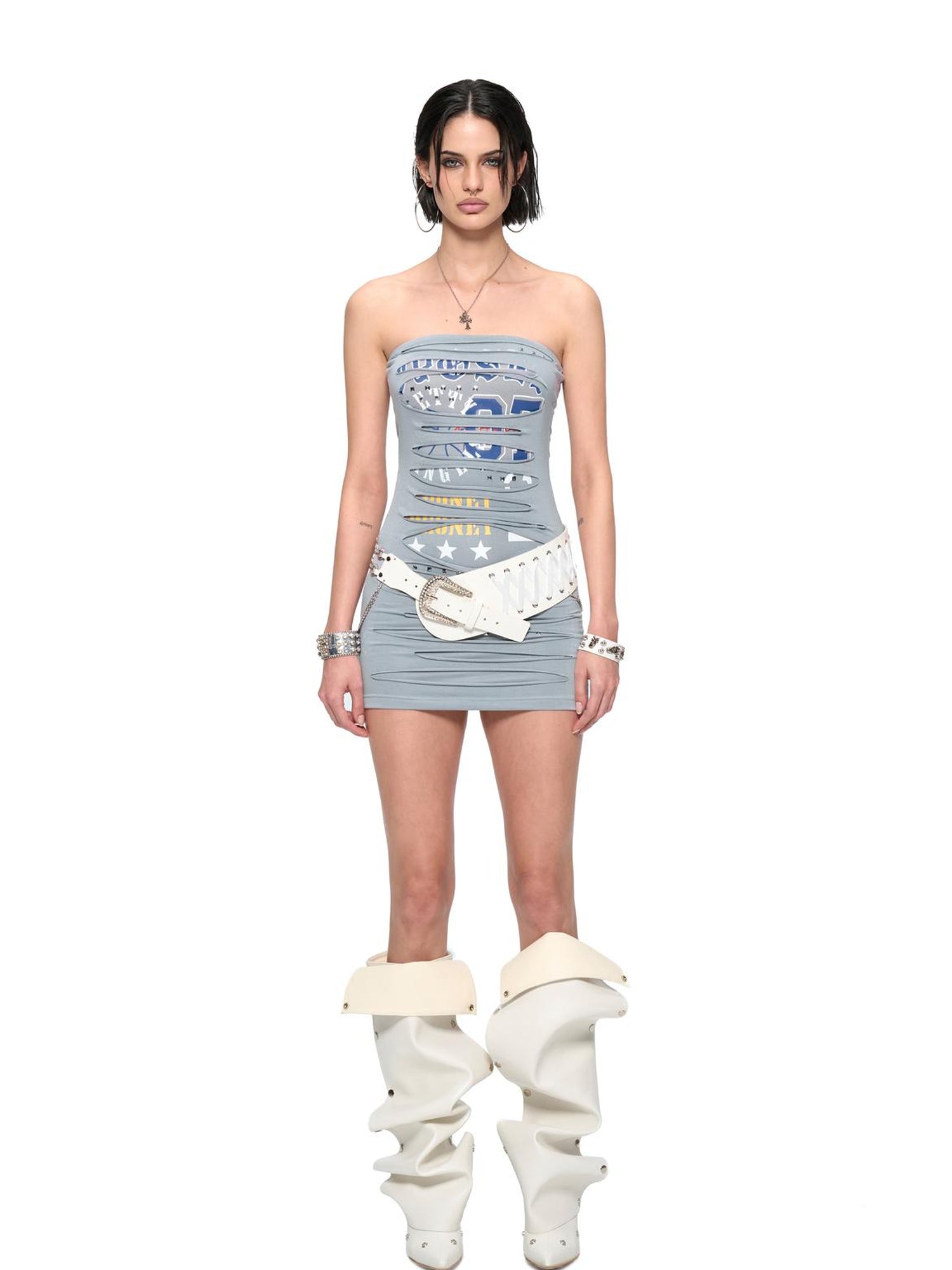 JYOSEI Punk Laser Cut Denim Blue Bodycon Mini Dress