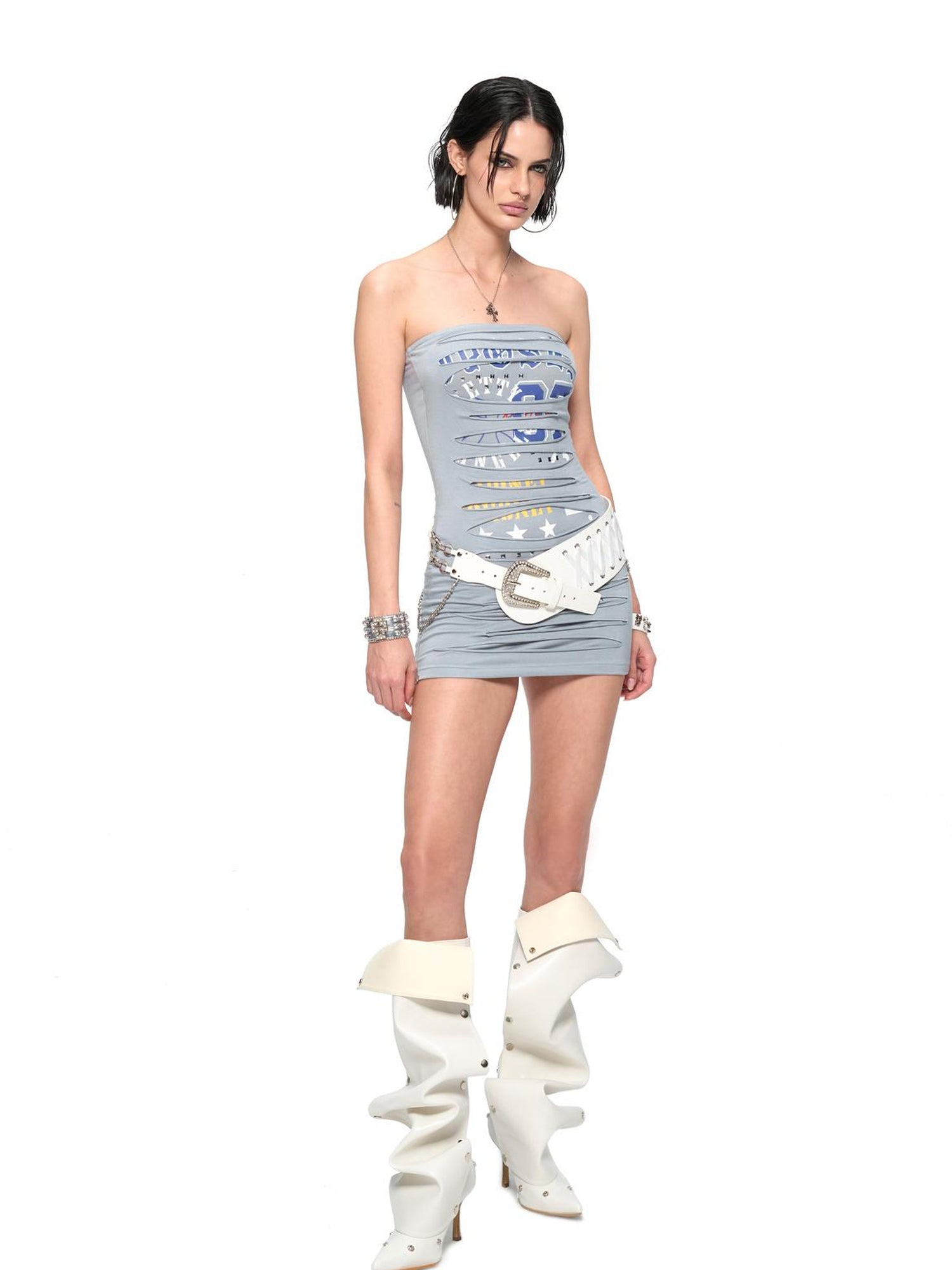 JYOSEI Punk Laser Cut Denim Blue Bodycon Mini Dress