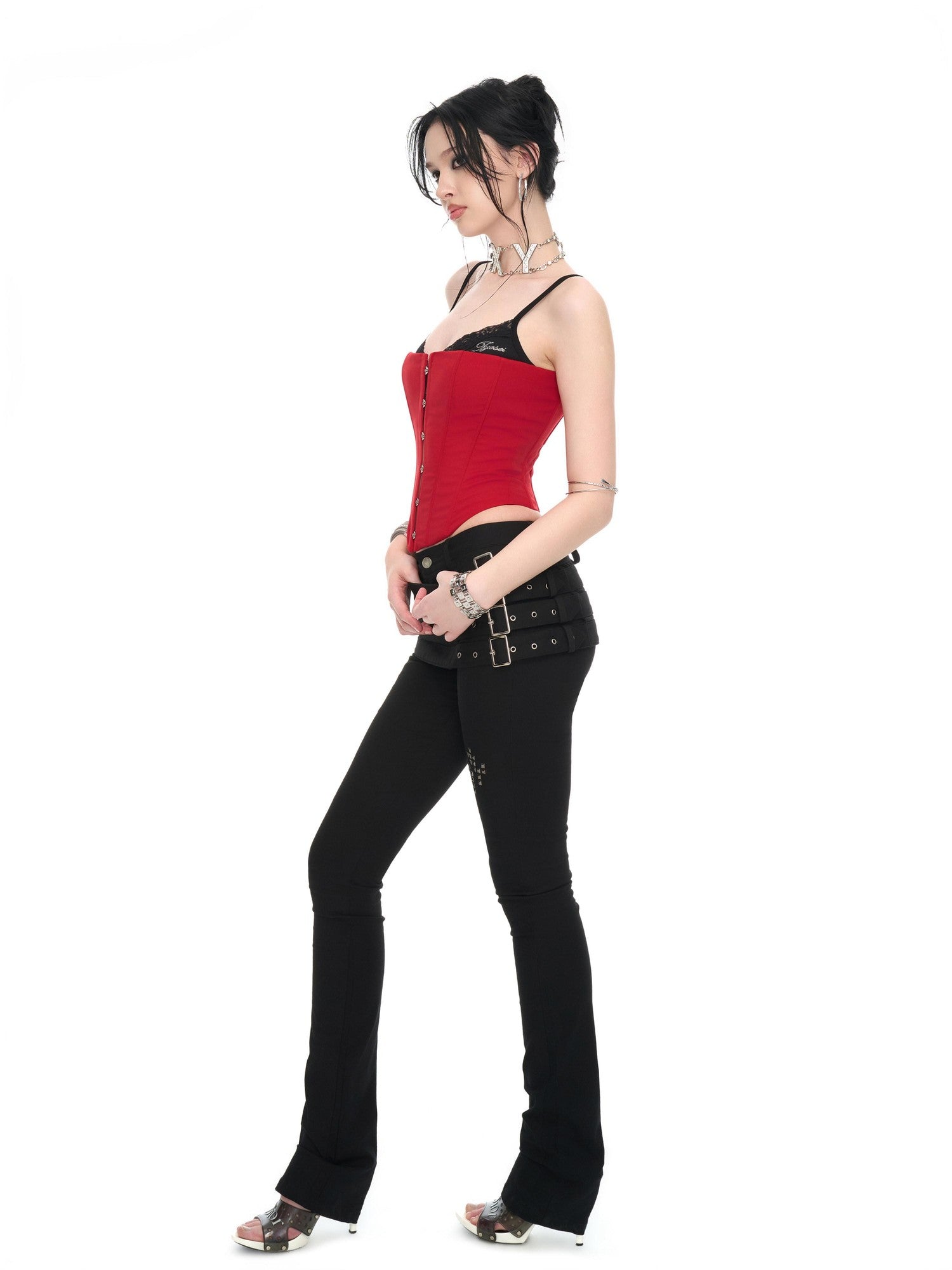 JYOSEI Red Black Patchwork Lace Up Boned Hooked V-neck Women&