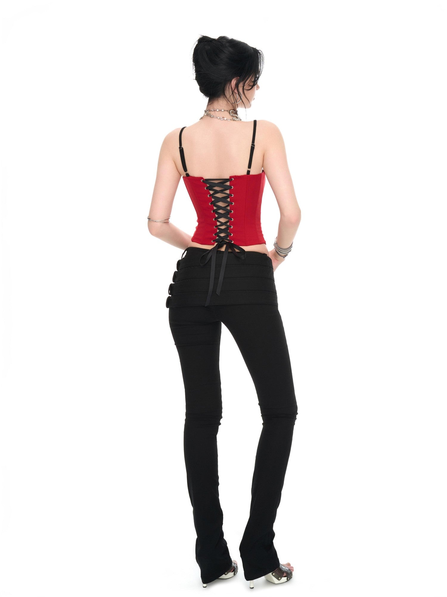 JYOSEI Red Black Patchwork Lace Up Boned Hooked V-neck Women&
