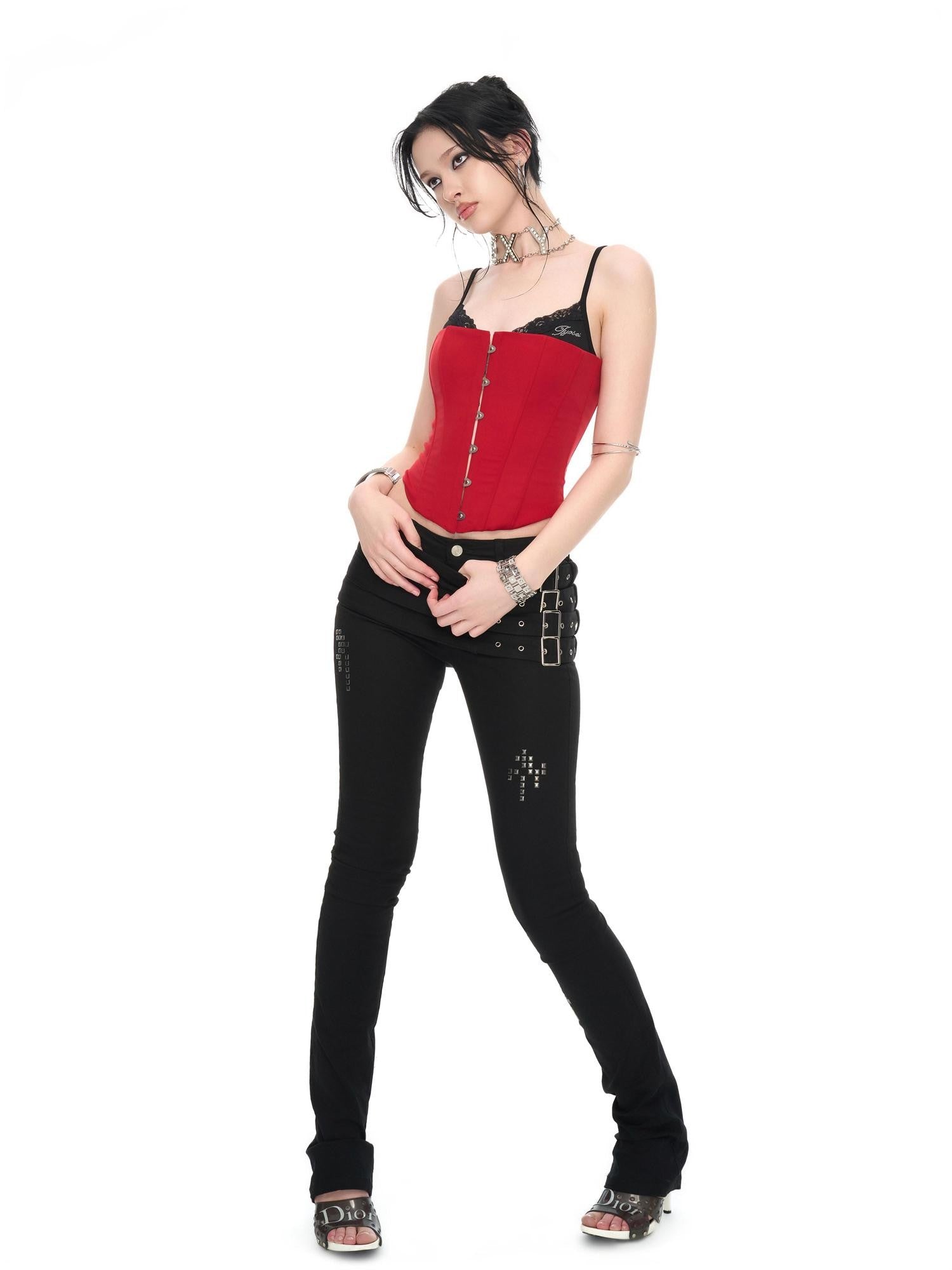 JYOSEI Red Black Patchwork Lace Up Boned Hooked V-neck Women&