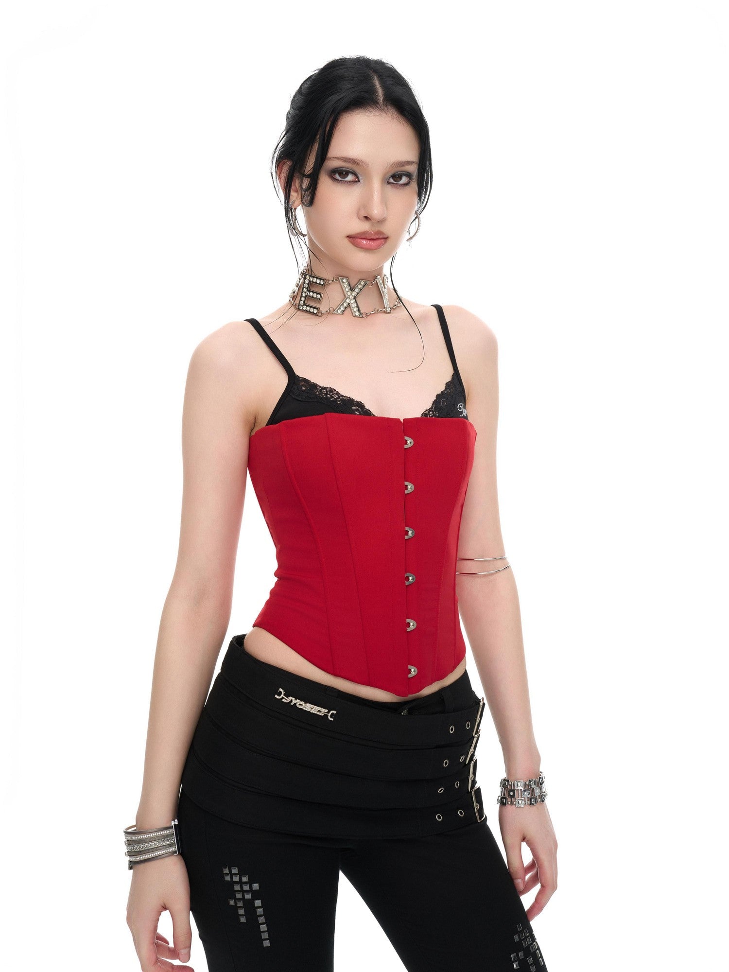 JYOSEI Red Black Patchwork Lace Up Boned Hooked V-neck Women&