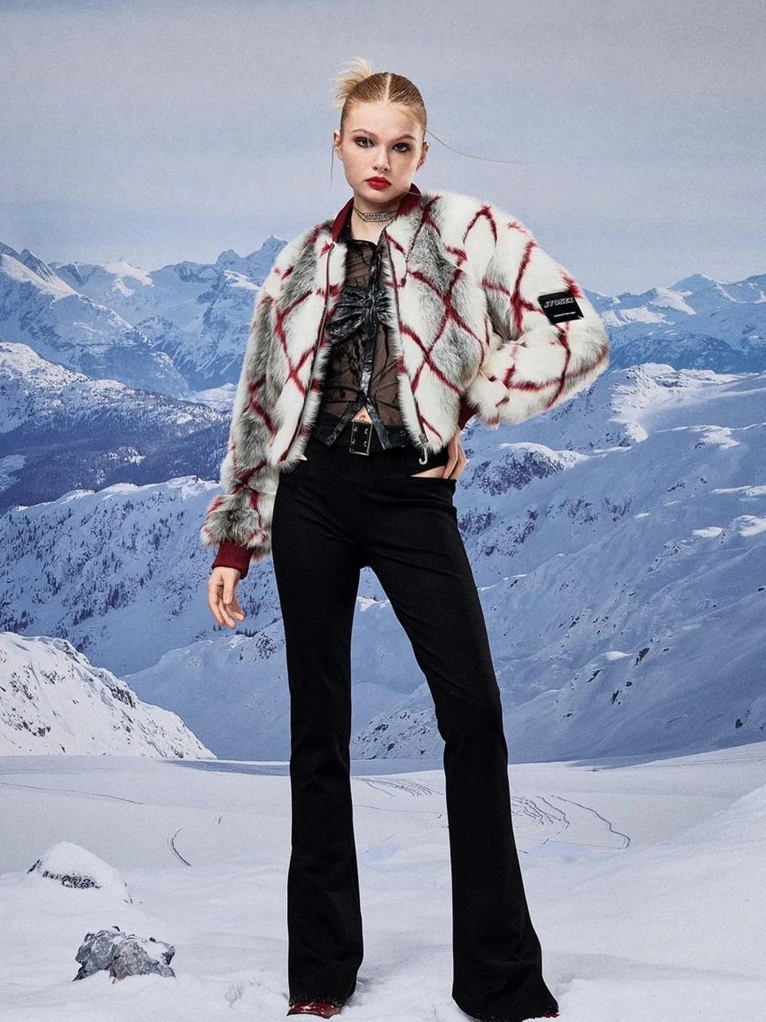 Red Plaid Faux Mink Zip Up Cropped Jacket