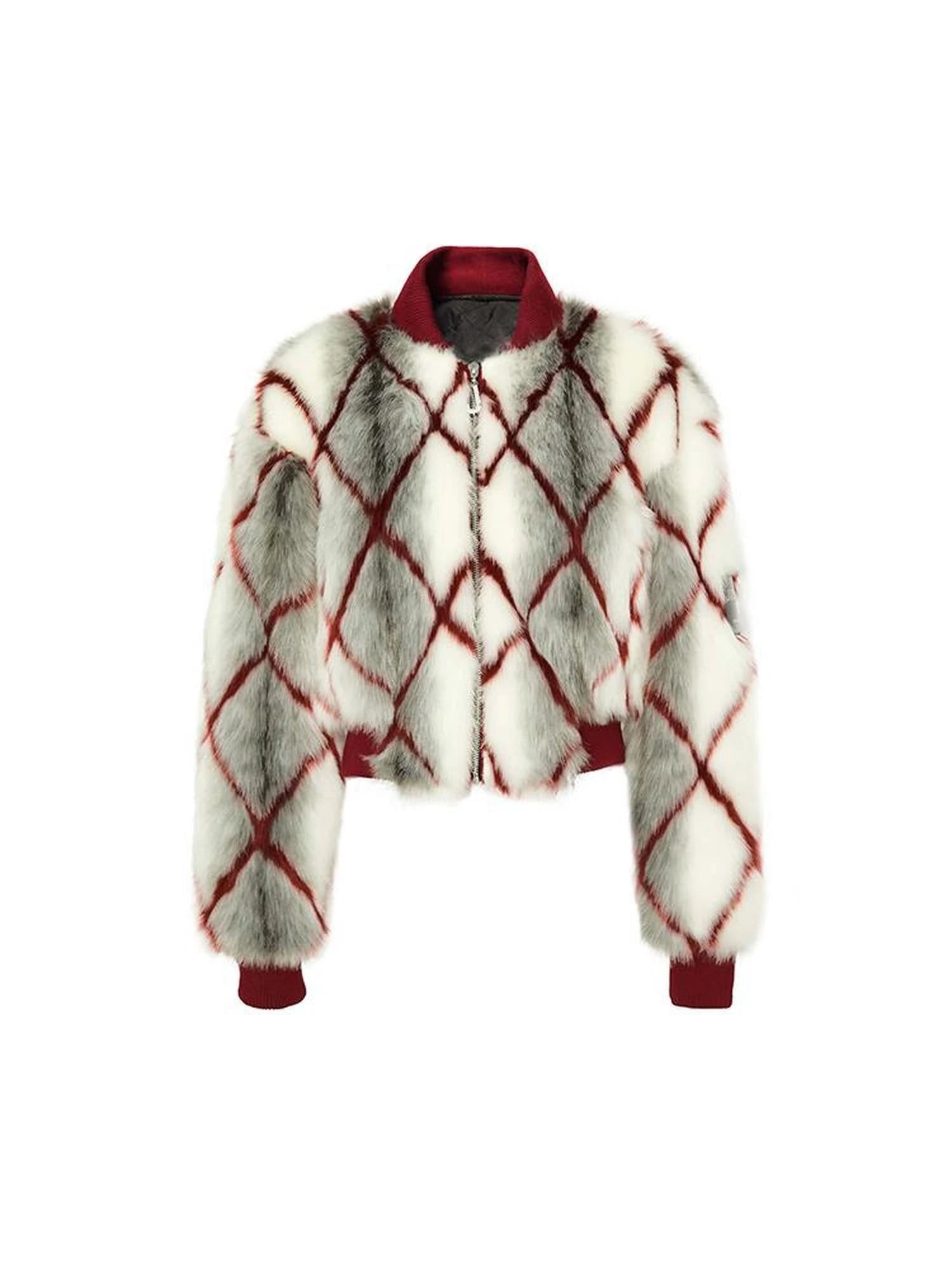 Red Plaid Faux Mink Zip Up Cropped Jacket