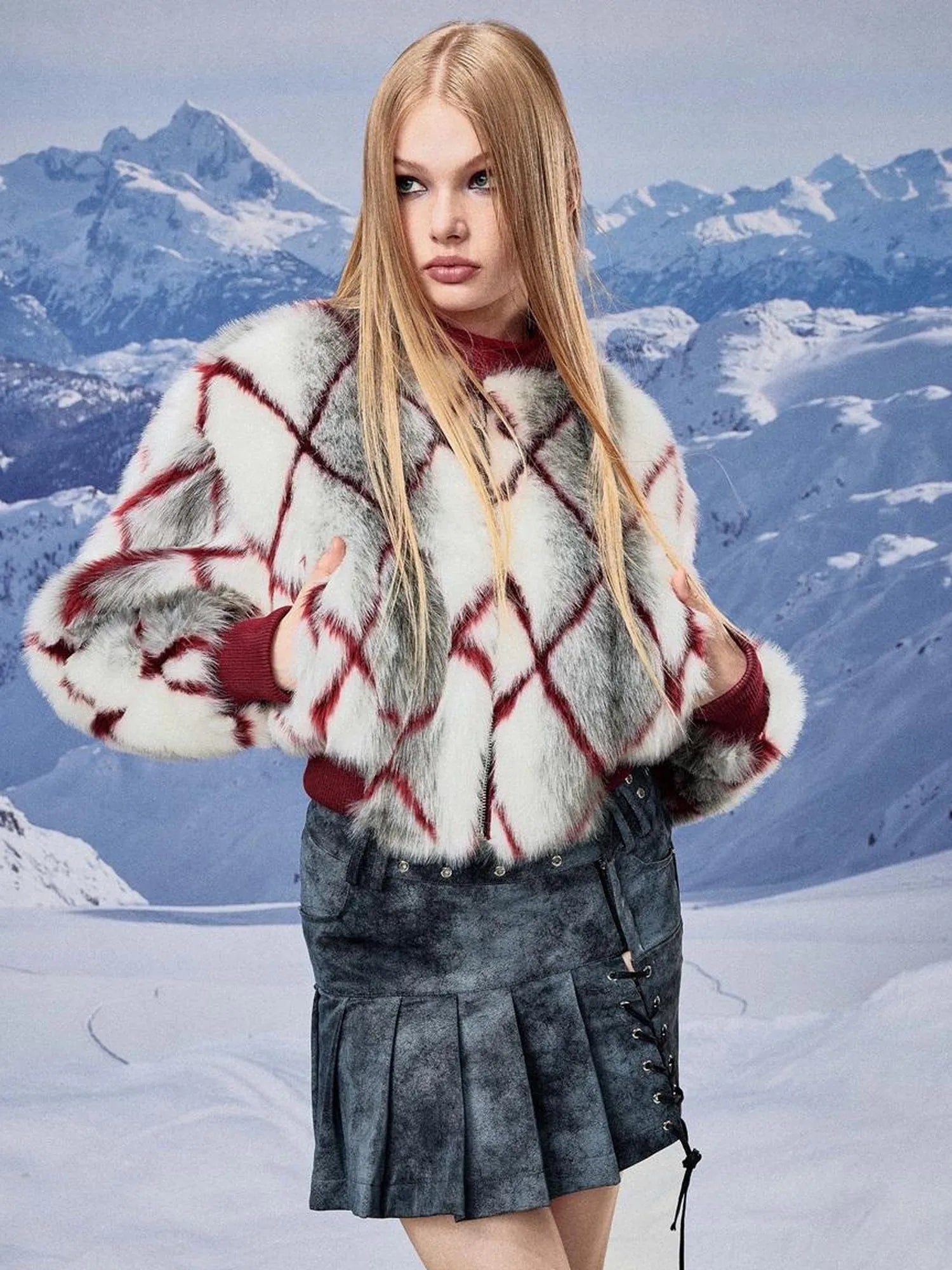 Red Plaid Faux Mink Zip Up Cropped Jacket