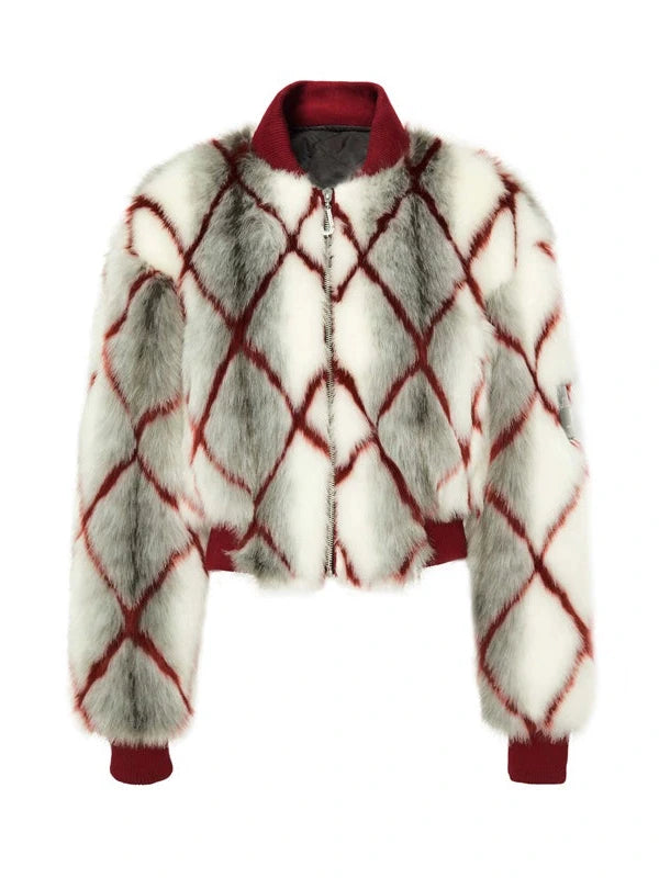 Red Plaid Faux Mink Zip Up Cropped Jacket