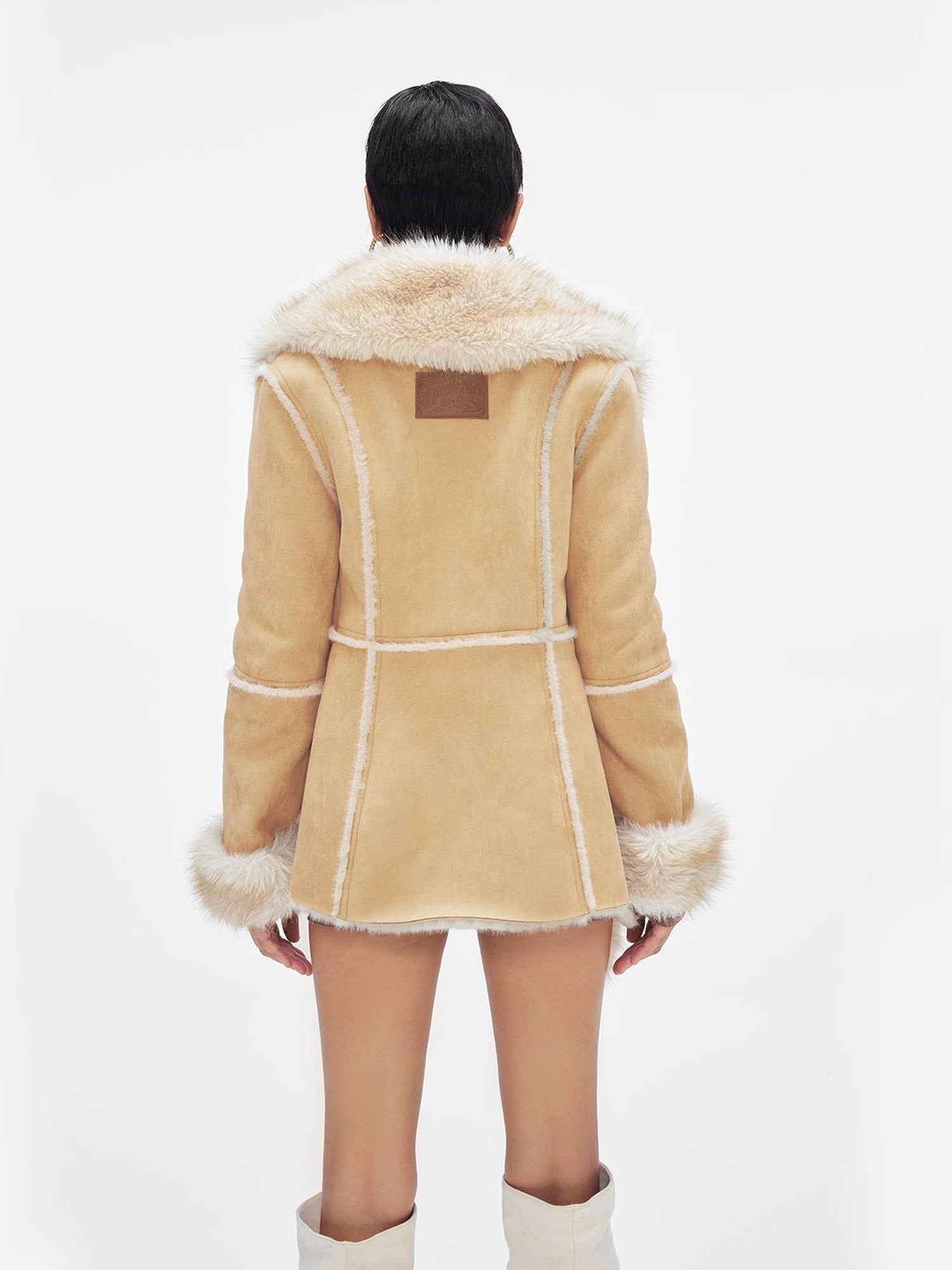 JYOSEI Retro Beige Brown Faux Fox Fur Collar Waist Tie Mid Length Coat