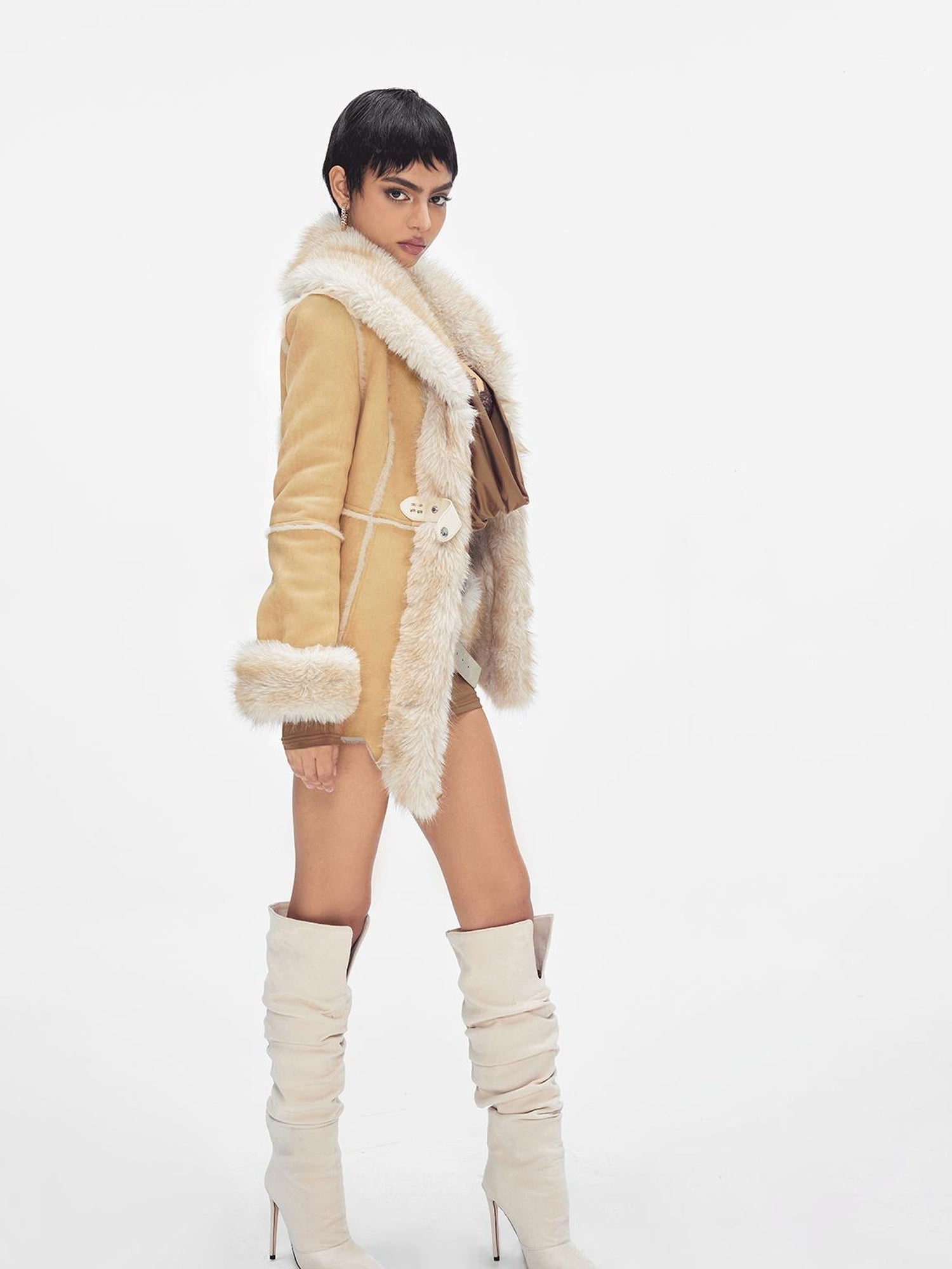 JYOSEI Retro Beige Brown Faux Fox Fur Collar Waist Tie Mid Length Coat