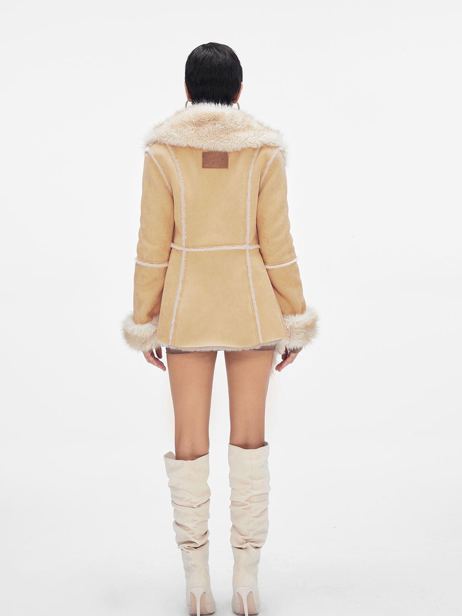 JYOSEI Retro Beige Brown Faux Fox Fur Collar Waist Tie Mid Length Coat