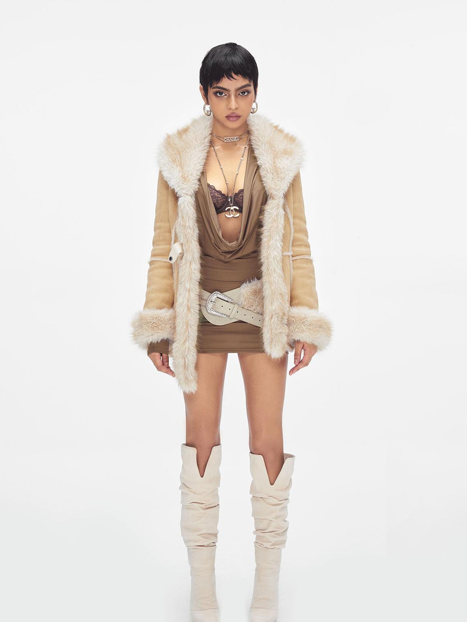 JYOSEI Retro Beige Brown Faux Fox Fur Collar Waist Tie Mid Length Coat