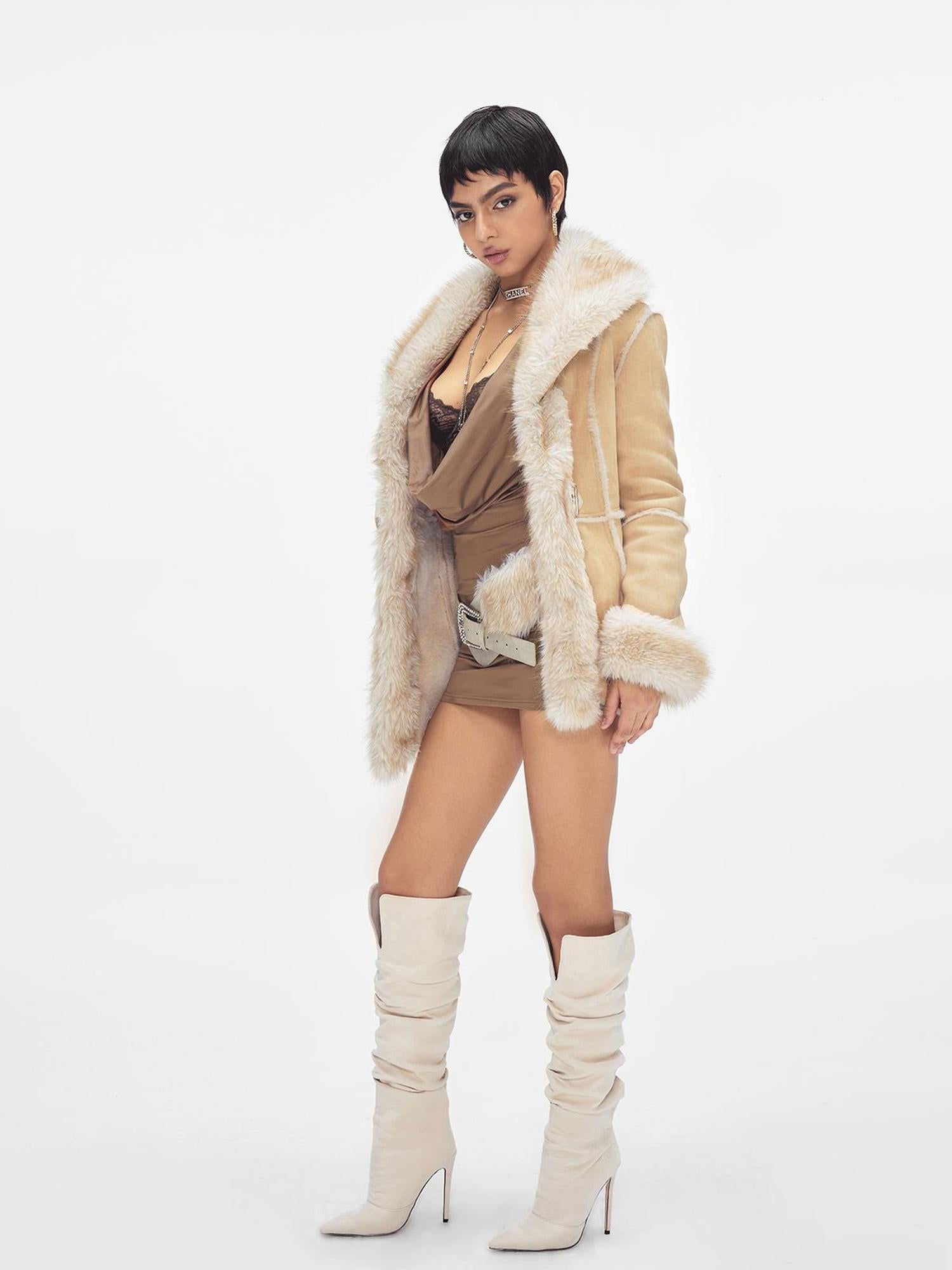 JYOSEI Retro Beige Brown Faux Fox Fur Collar Waist Tie Mid Length Coat