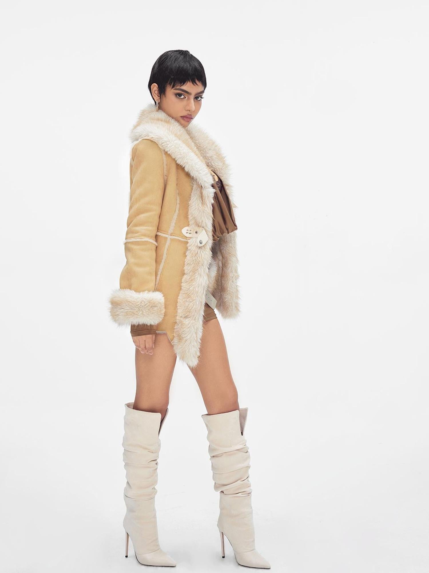 JYOSEI Retro Beige Brown Faux Fox Fur Collar Waist Tie Mid Length Coat