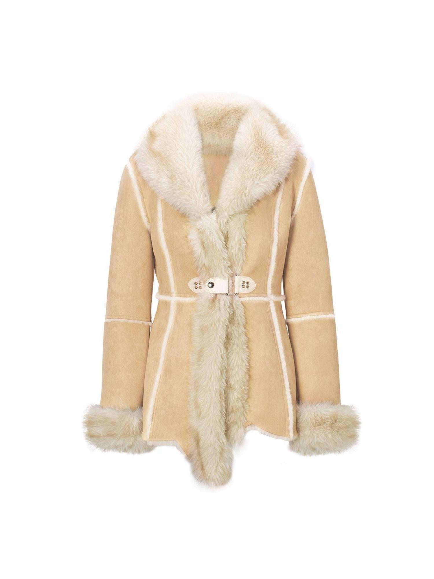 JYOSEI Retro Beige Brown Faux Fox Fur Collar Waist Tie Mid Length Coat