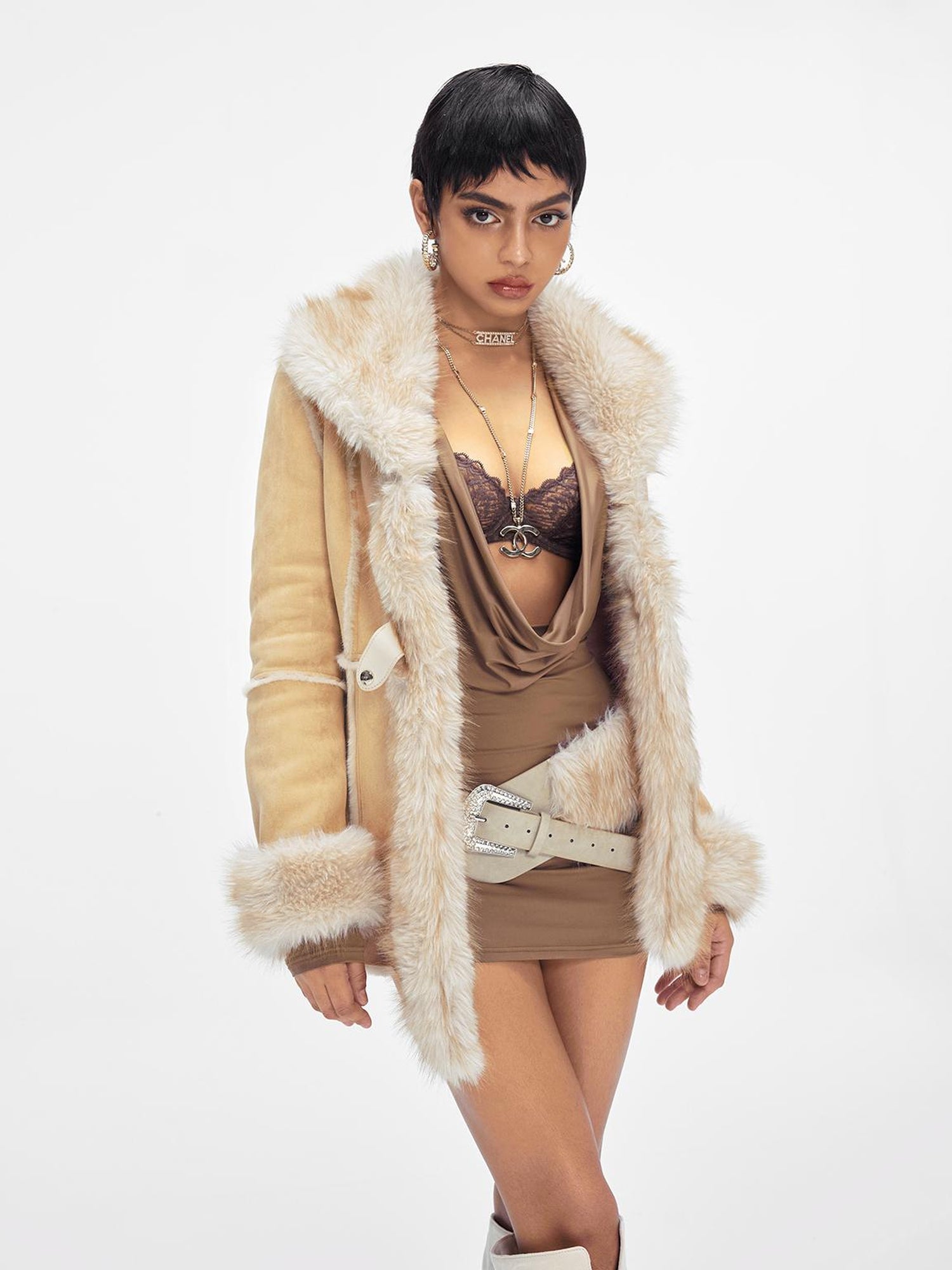 JYOSEI Retro Beige Brown Faux Fox Fur Collar Waist Tie Mid Length Coat