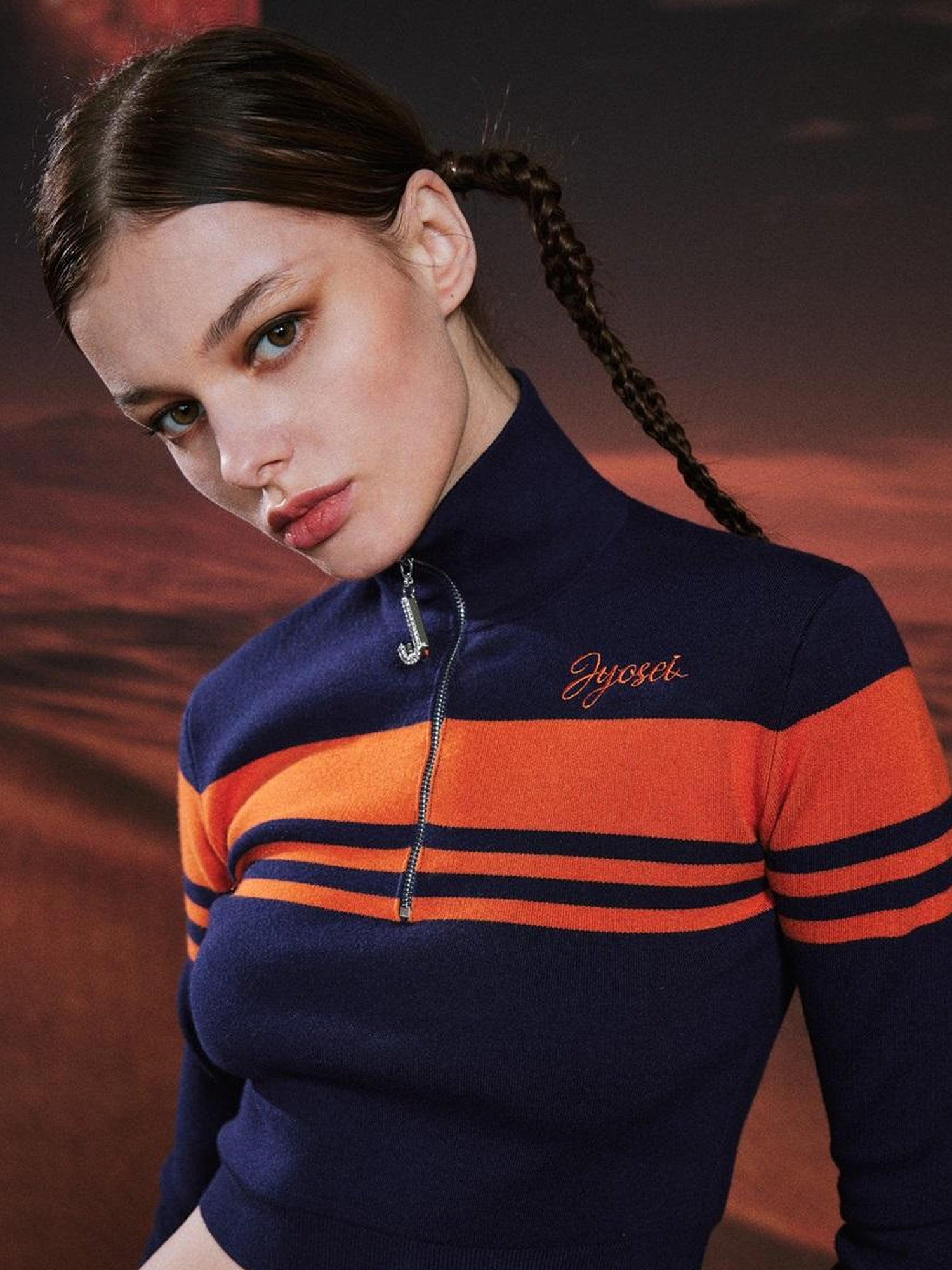 JYOSEI Retro Bella High Neck Cropped Sweater Orange Blue