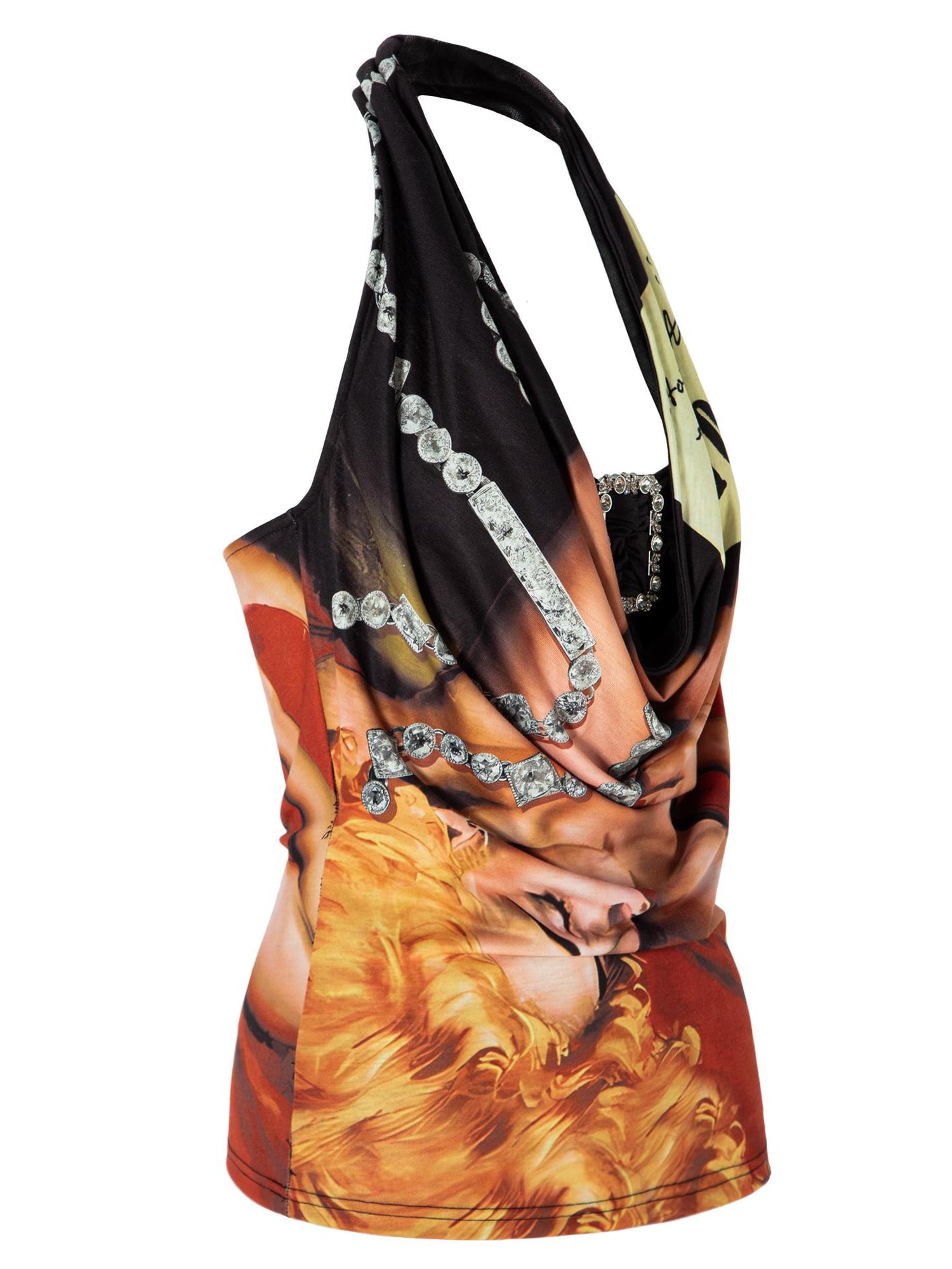 JYOSEI Retro Geisha Print Halter Neck Draped Backless Cami Top