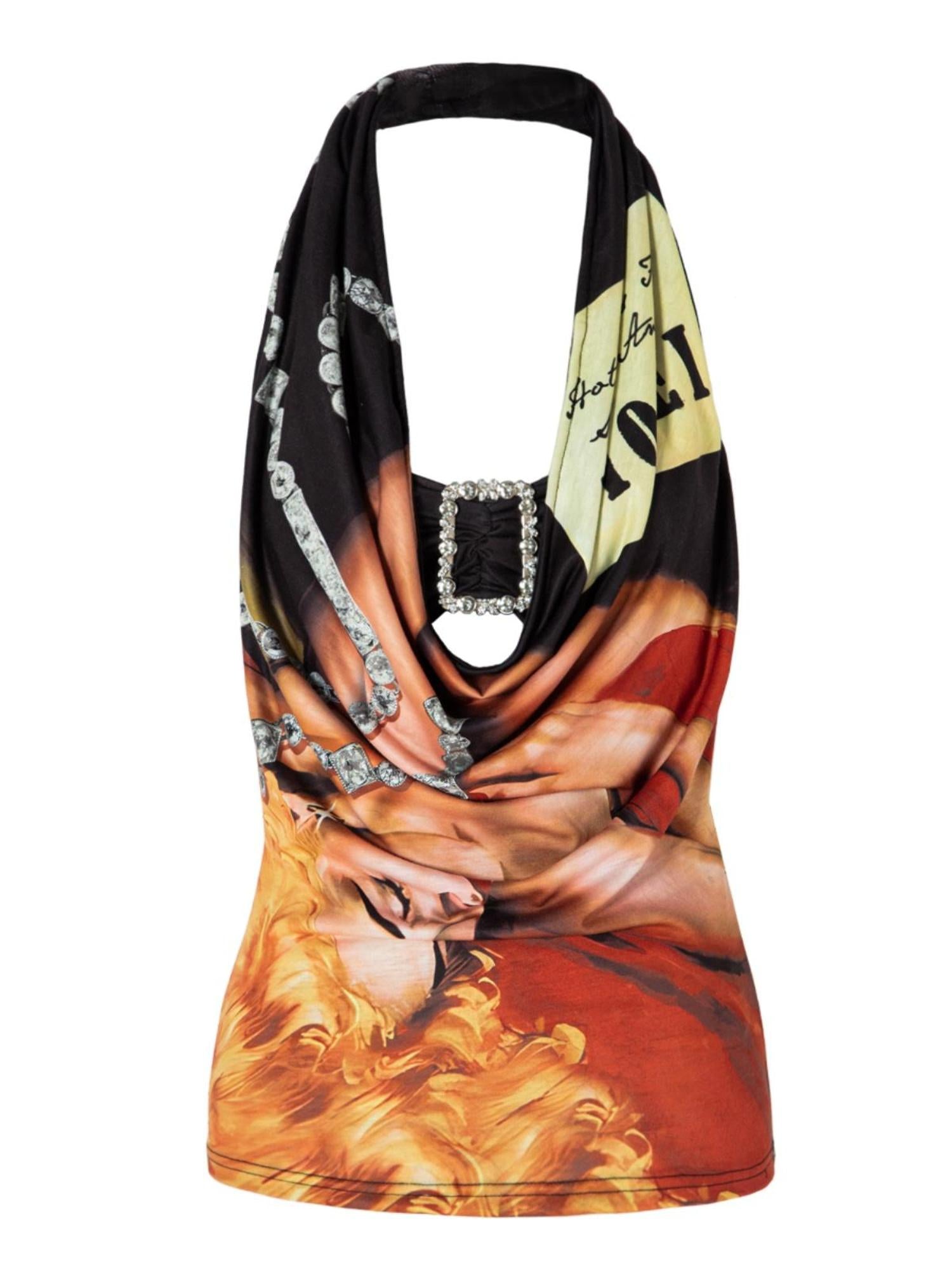 JYOSEI Retro Geisha Print Halter Neck Draped Backless Cami Top