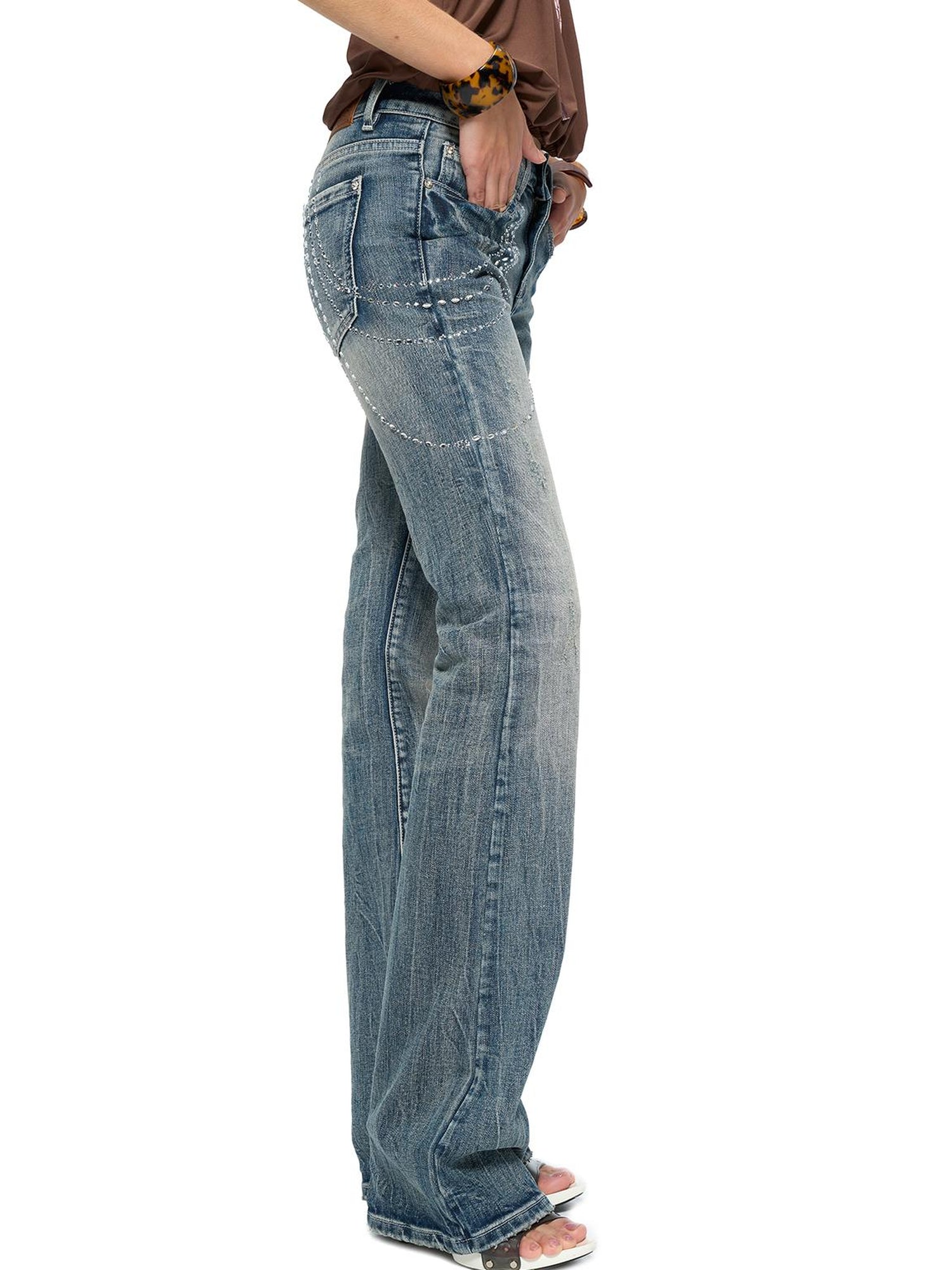 JYOSEI Retro Washed Blue Stretch Flared Denim Jeans For Women