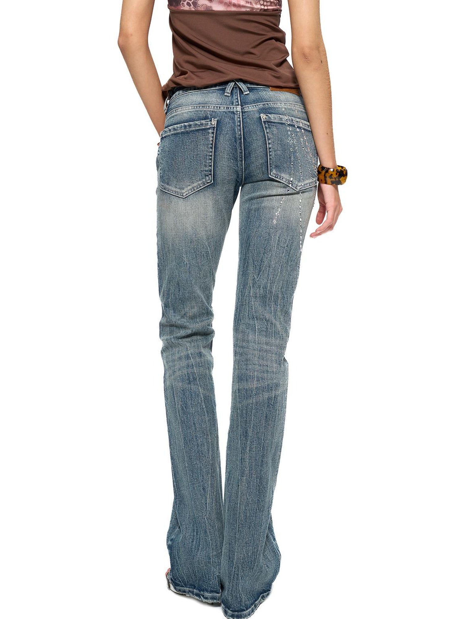 JYOSEI Retro Washed Blue Stretch Flared Denim Jeans For Women