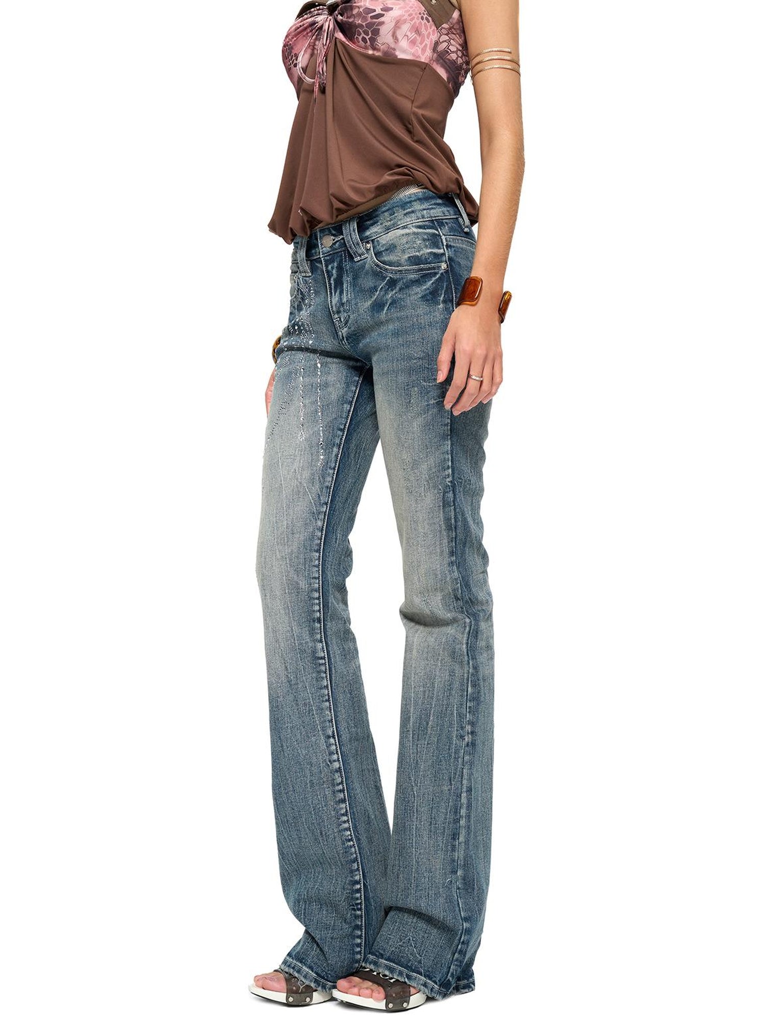 JYOSEI Retro Washed Blue Stretch Flared Denim Jeans For Women