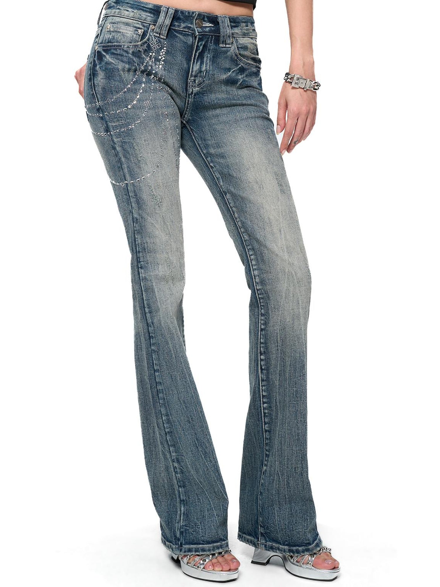 JYOSEI Retro Washed Blue Stretch Flared Denim Jeans For Women