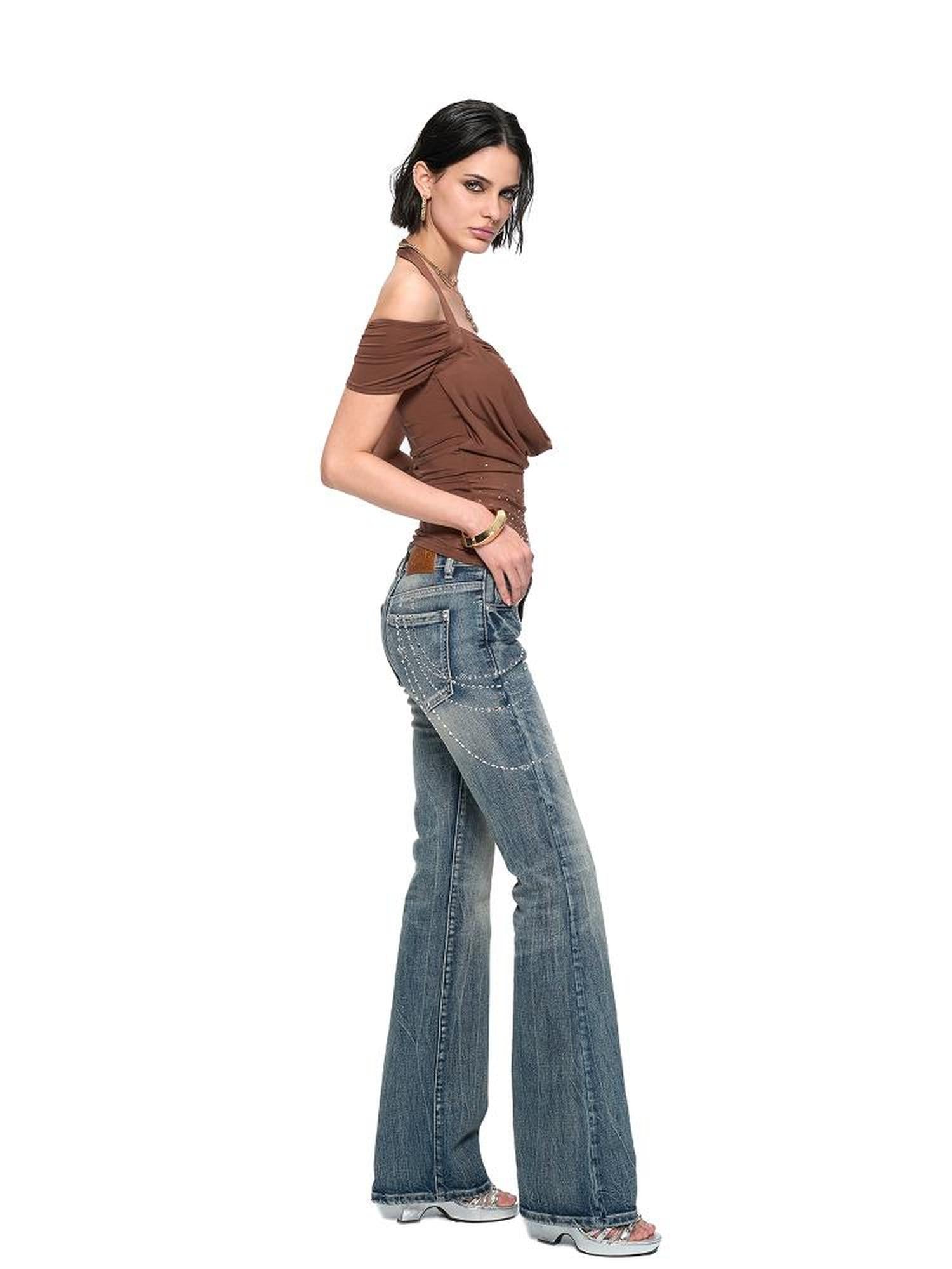 JYOSEI Retro Washed Blue Stretch Flared Denim Jeans For Women