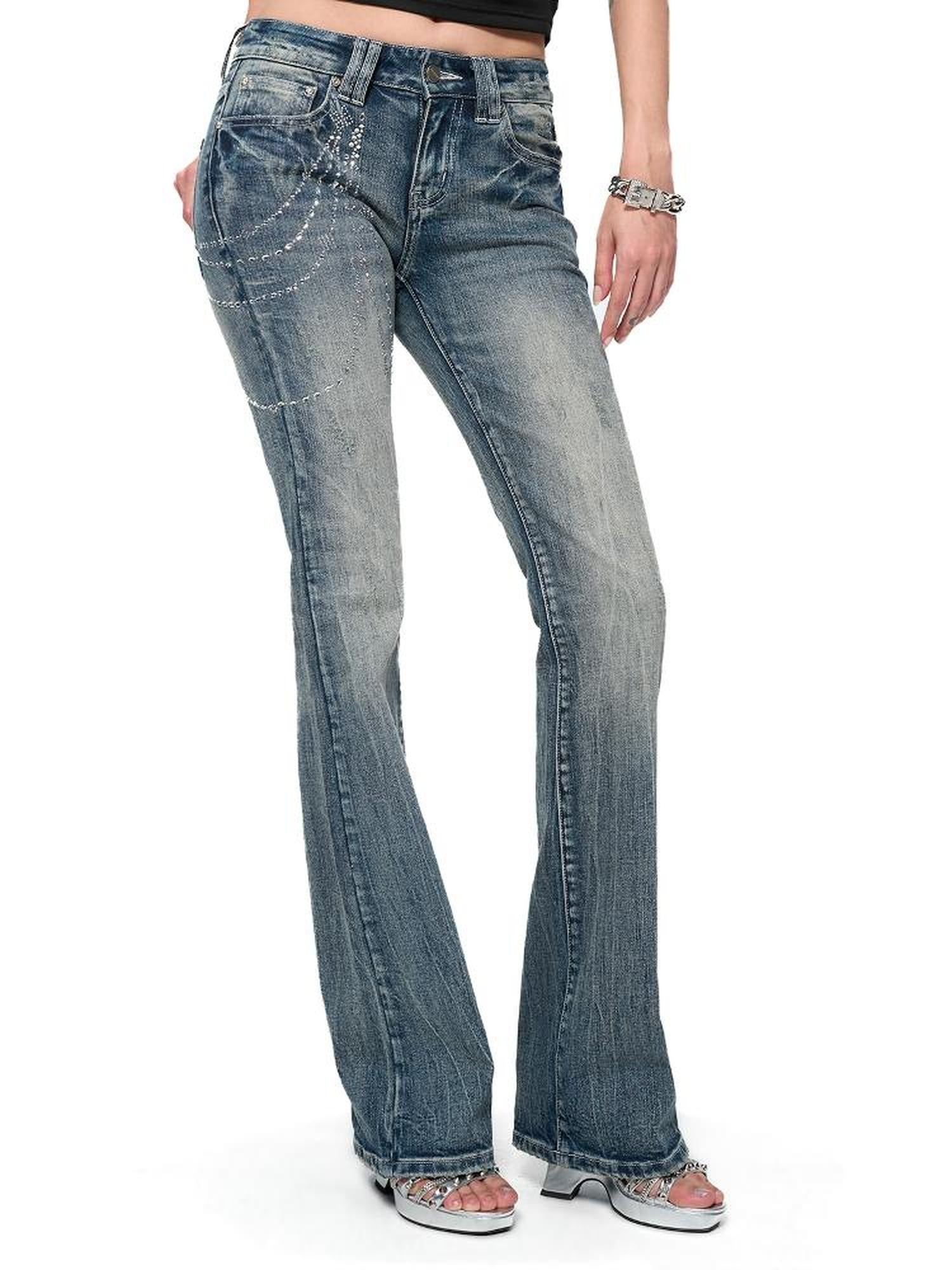 JYOSEI Retro Washed Blue Stretch Flared Denim Jeans For Women