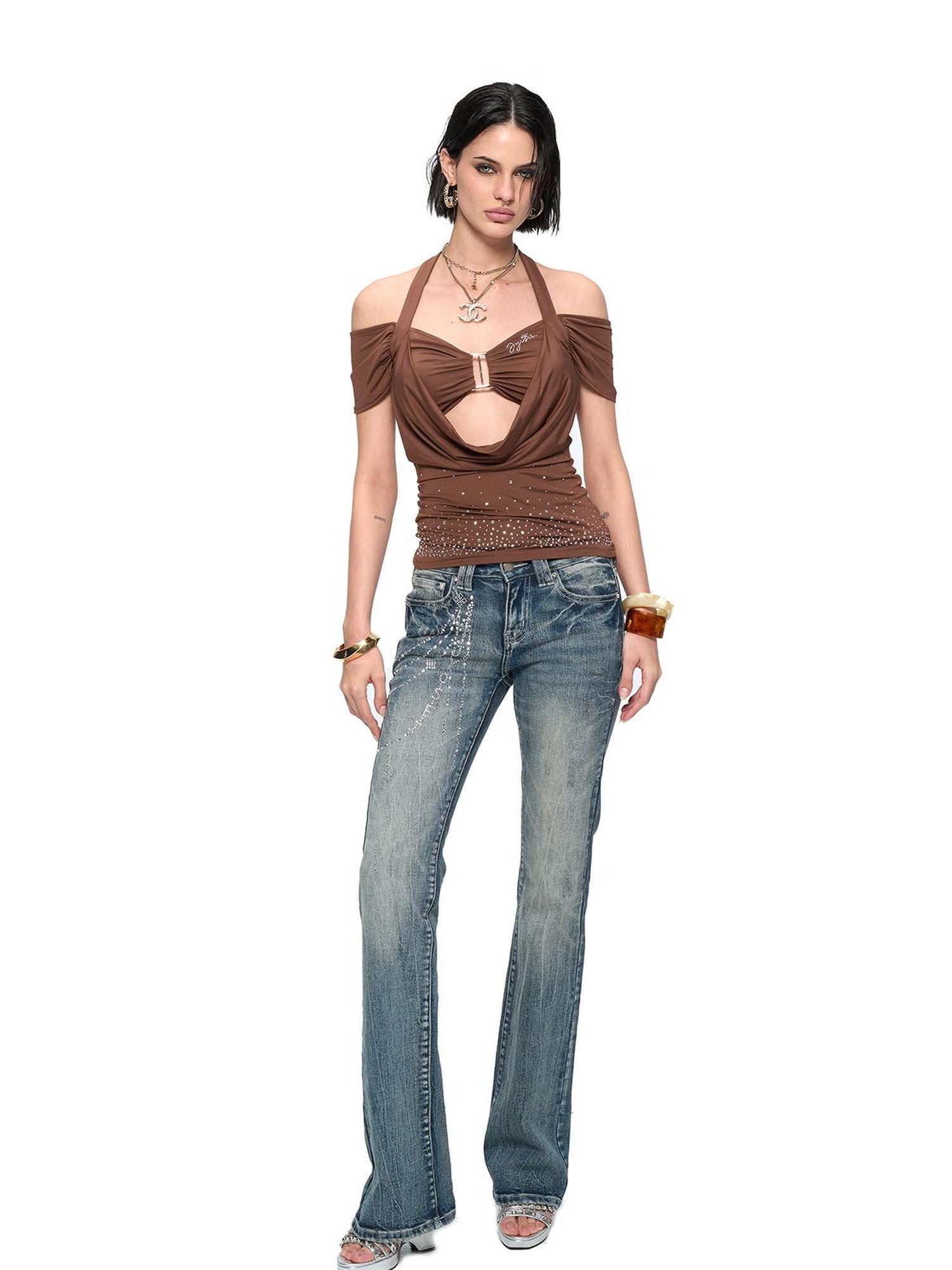 JYOSEI Retro Washed Blue Stretch Flared Denim Jeans For Women