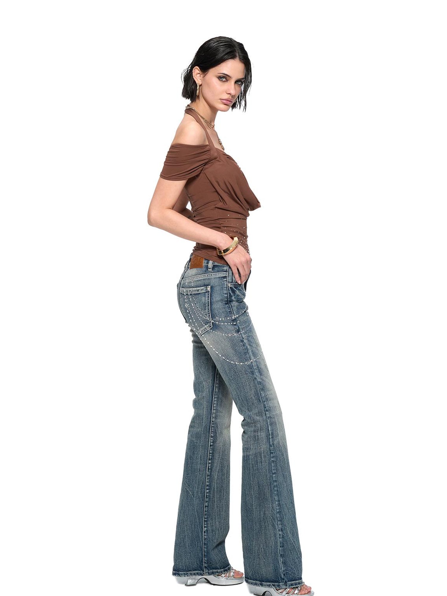 JYOSEI Retro Washed Blue Stretch Flared Denim Jeans For Women